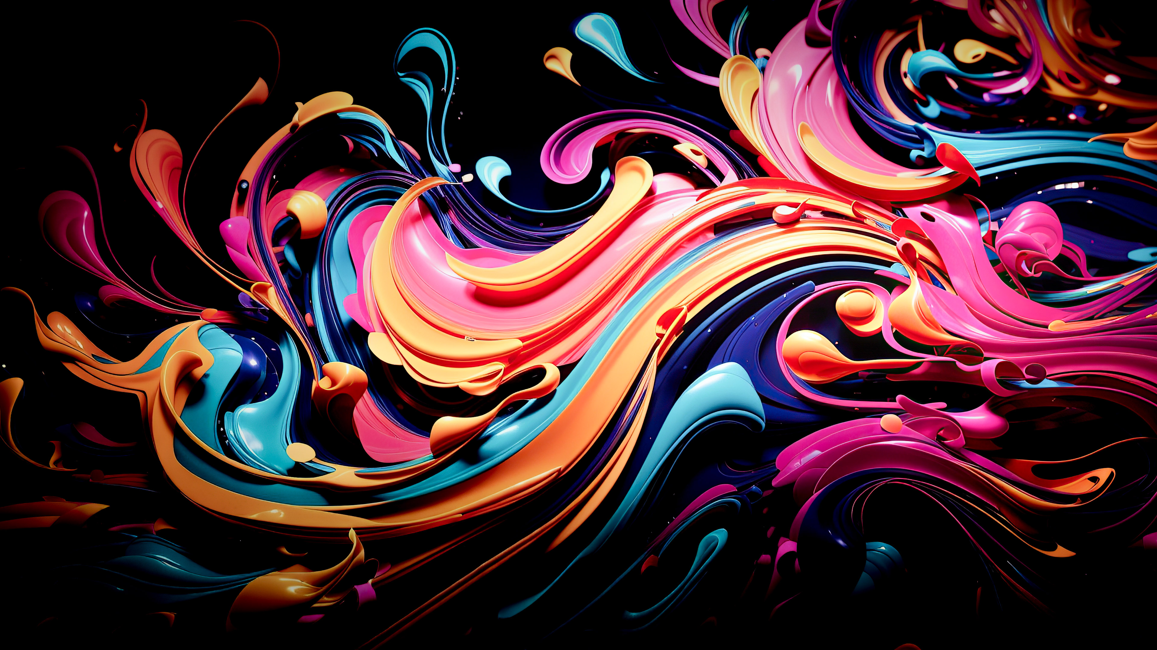 Experience the dynamic energy of dark abstract wallpaper 4K, adorned with vibrant swirls of neon colors.