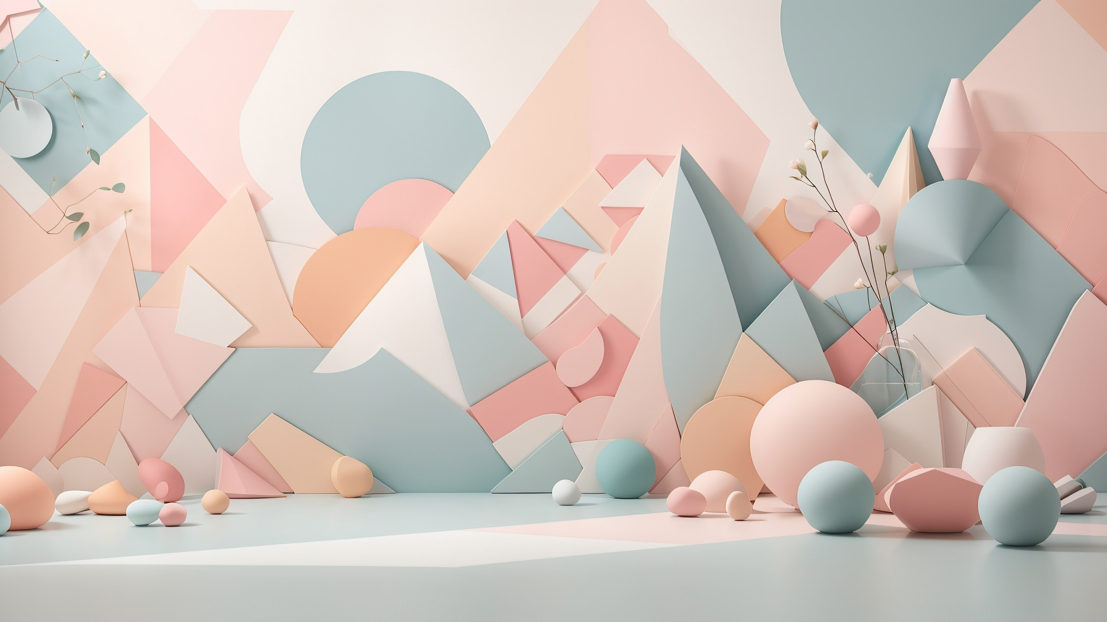 Experience a dreamy blend of soft pastel shades and geometric shapes with a 3D abstract wallpaper.