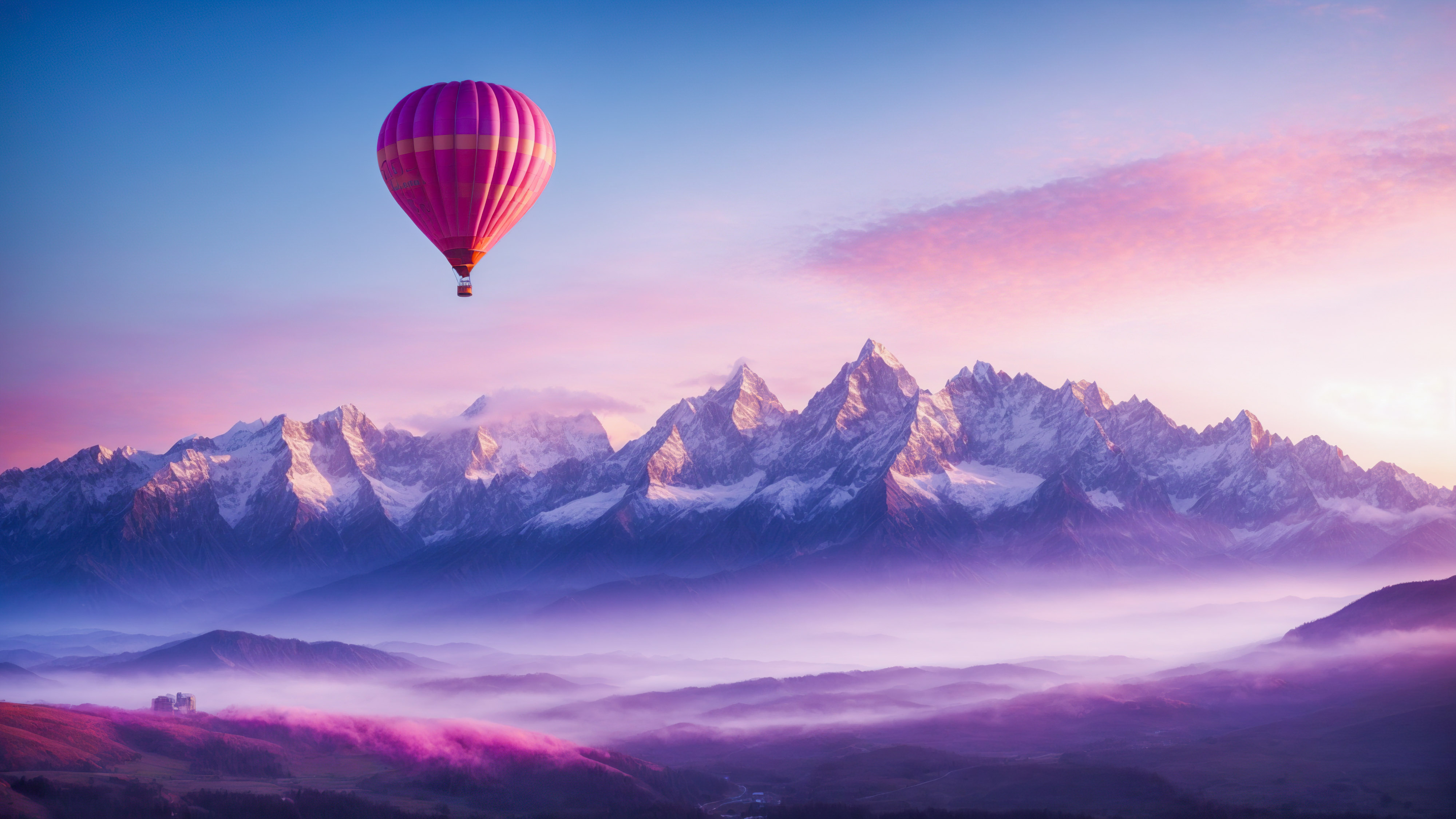 Witness the breathtaking beauty of a sunrise over the mountains, with pink and blue hues and a hot air balloon flying in the sky, with our aesthetic mountain wallpaper.