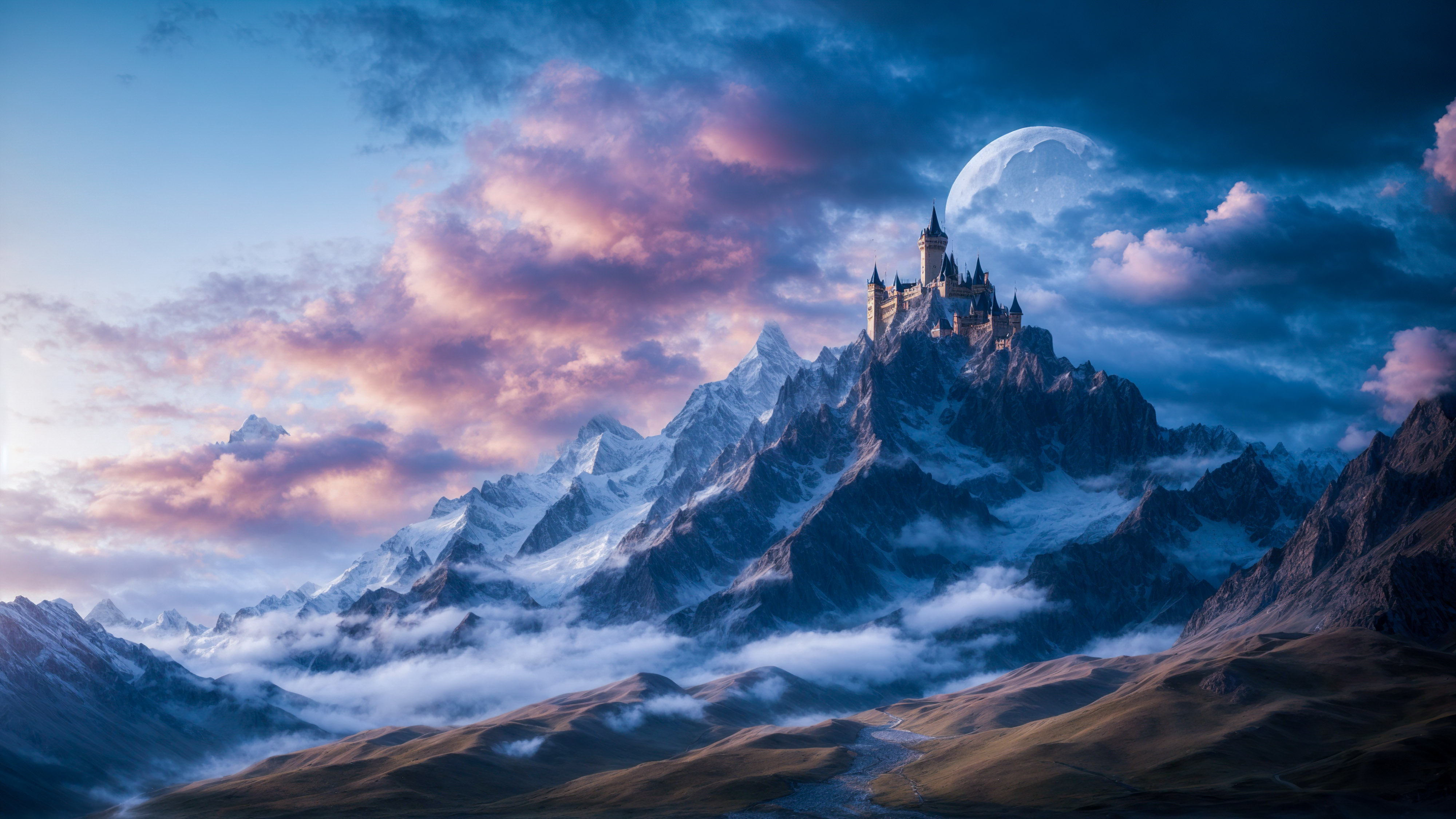 Plongez dans le monde de la fantaisie avec notre fond d'écran cool présentant une montagne avec un château et un dragon, sur fond de ciel magique et de lune.
