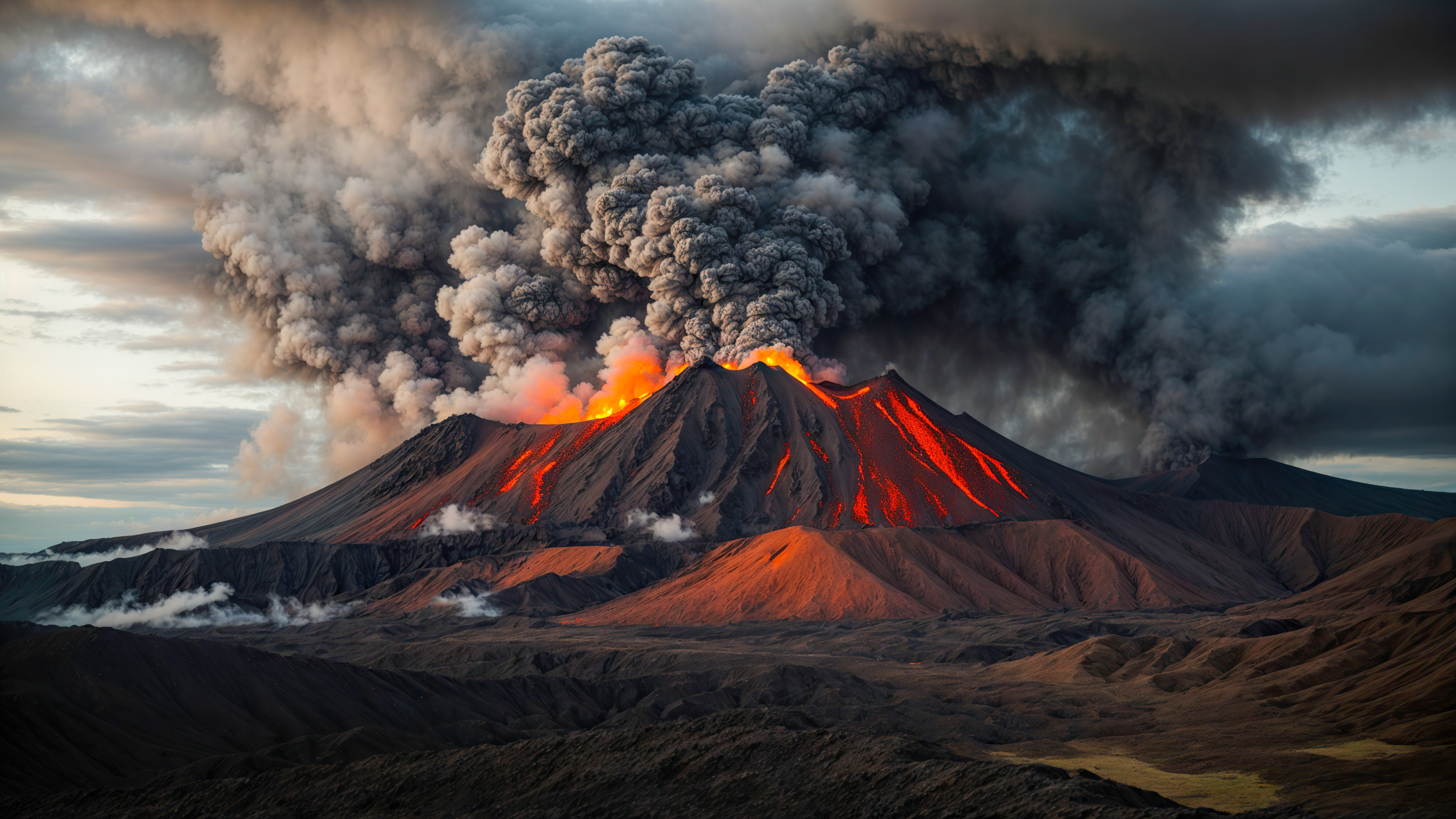 Vivez l'intensité d'une montagne volcanique avec un cratère fumant et une coulée de lave, capturée dans ce fond d'écran sombre sous un ciel nuageux.