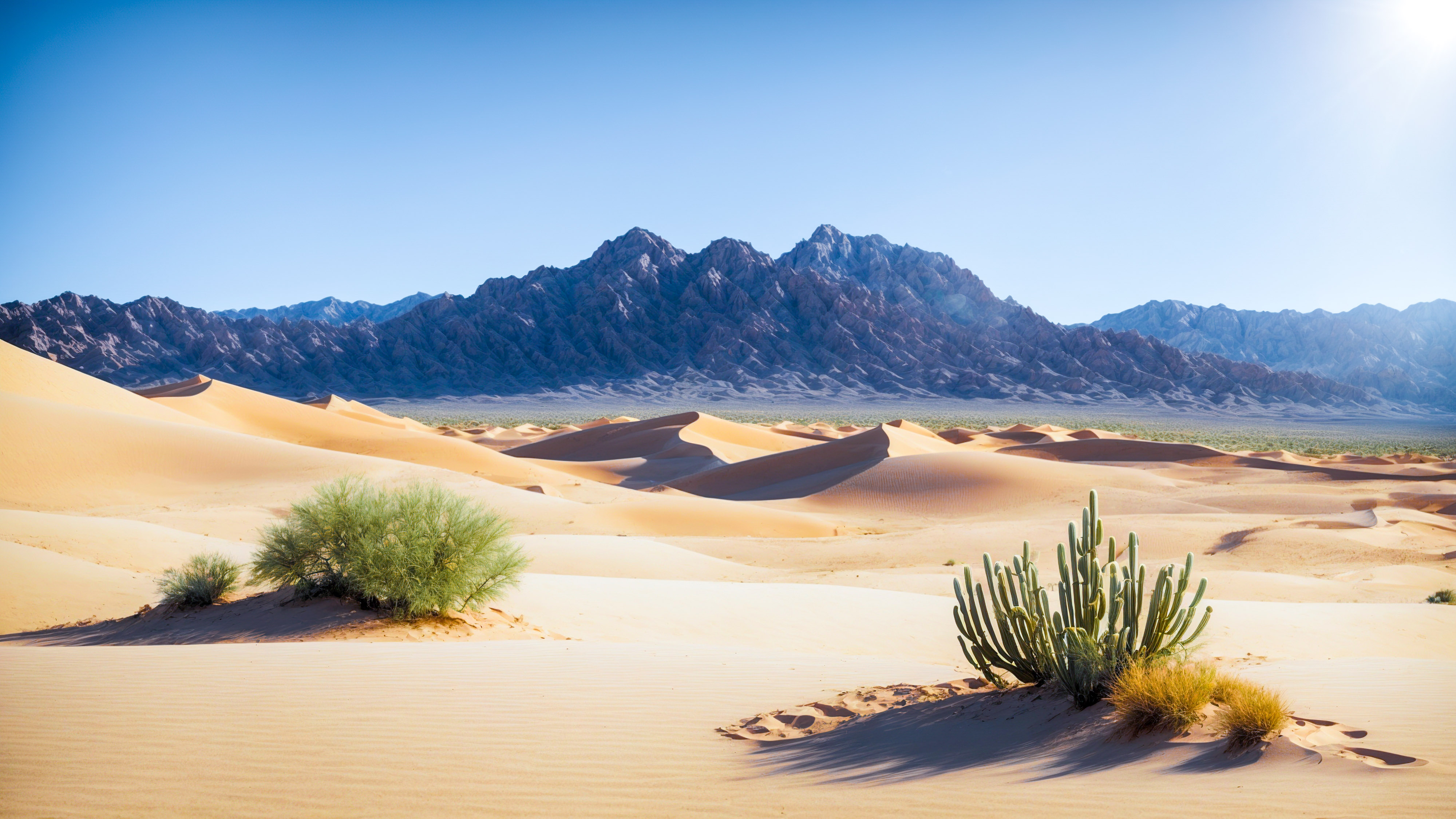 Savourez la tranquillité d'une montagne désertique avec une dune de sable et un cactus, sous un ciel bleu clair et un soleil, avec notre fond d'écran esthétique.