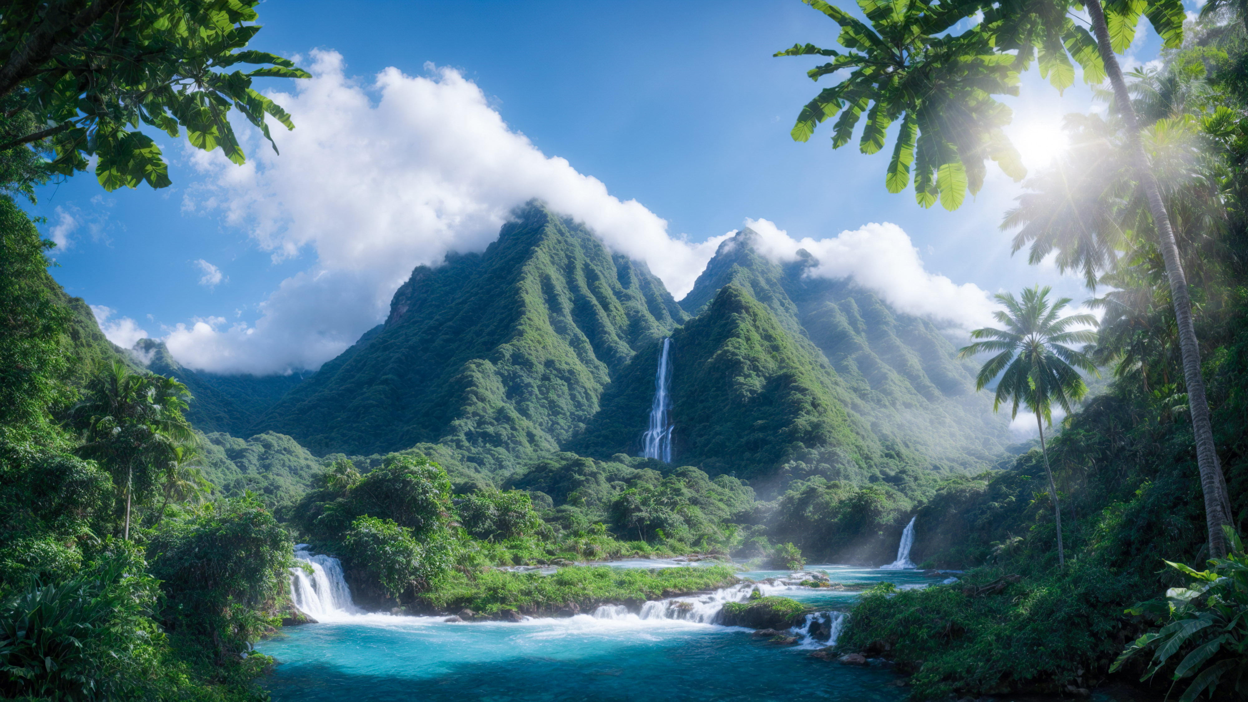 Get a forest wallpaper that showcases a tropical mountain with a lush jungle and a waterfall, complemented by a rainbow and a blue sky.