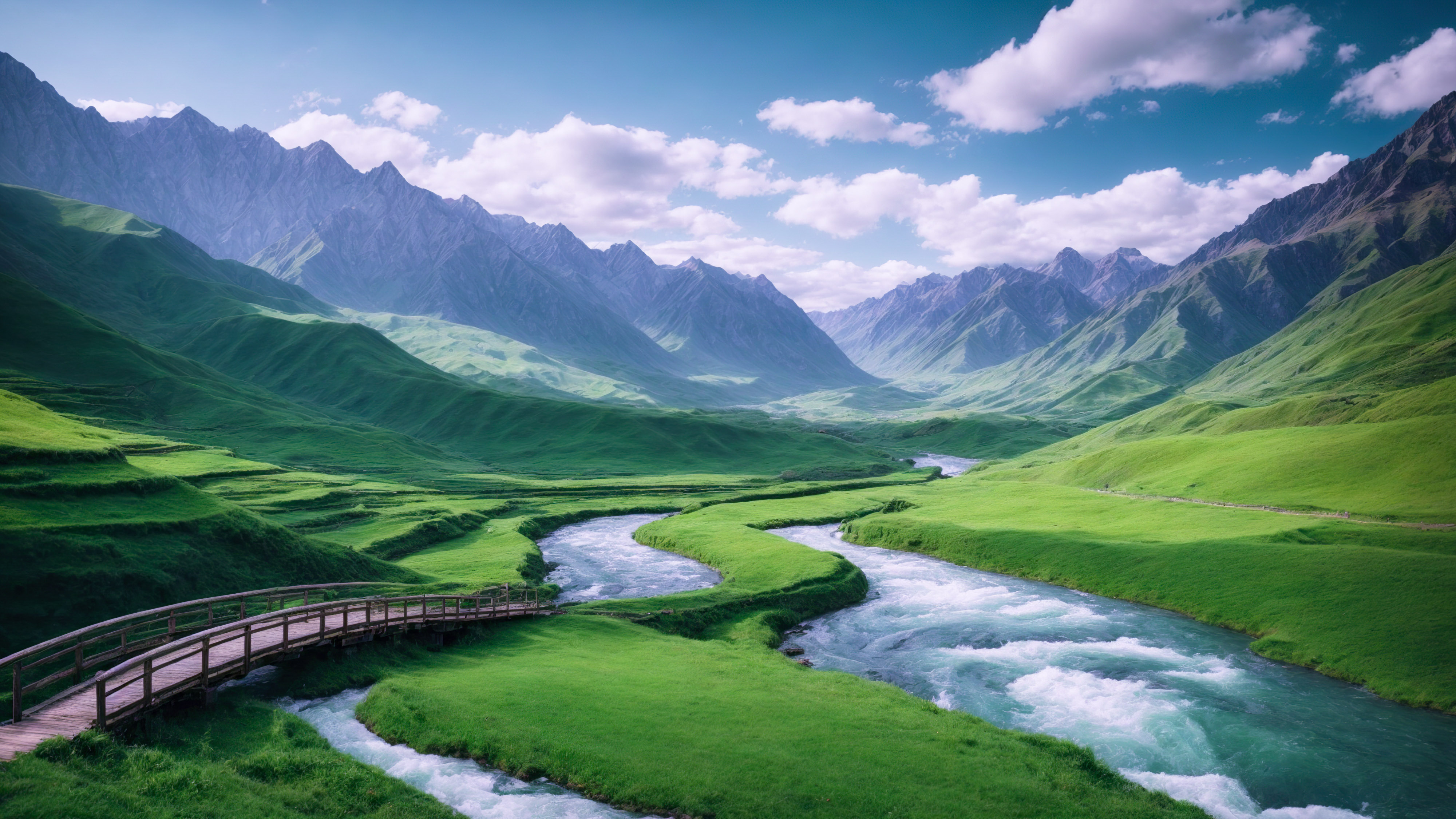 Immerse yourself in the serenity of a green valley surrounded by majestic mountains, with a winding river and a wooden bridge, through our landscape wallpaper.