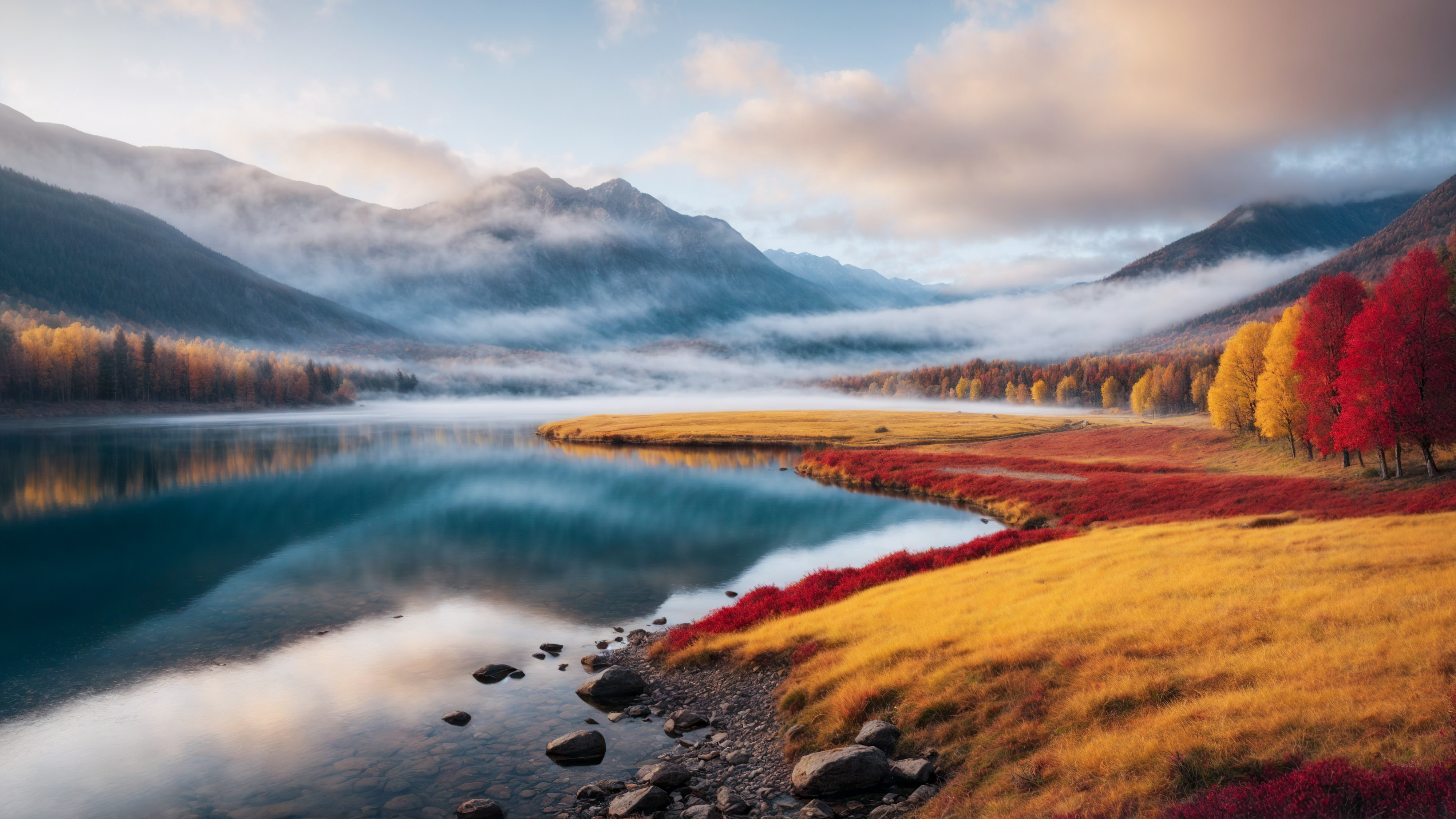 Téléchargez ce fond d'écran de paysage qui capture magnifiquement un paysage automnal coloré de montagnes, avec des arbres jaunes et rouges entourant un lac brumeux.