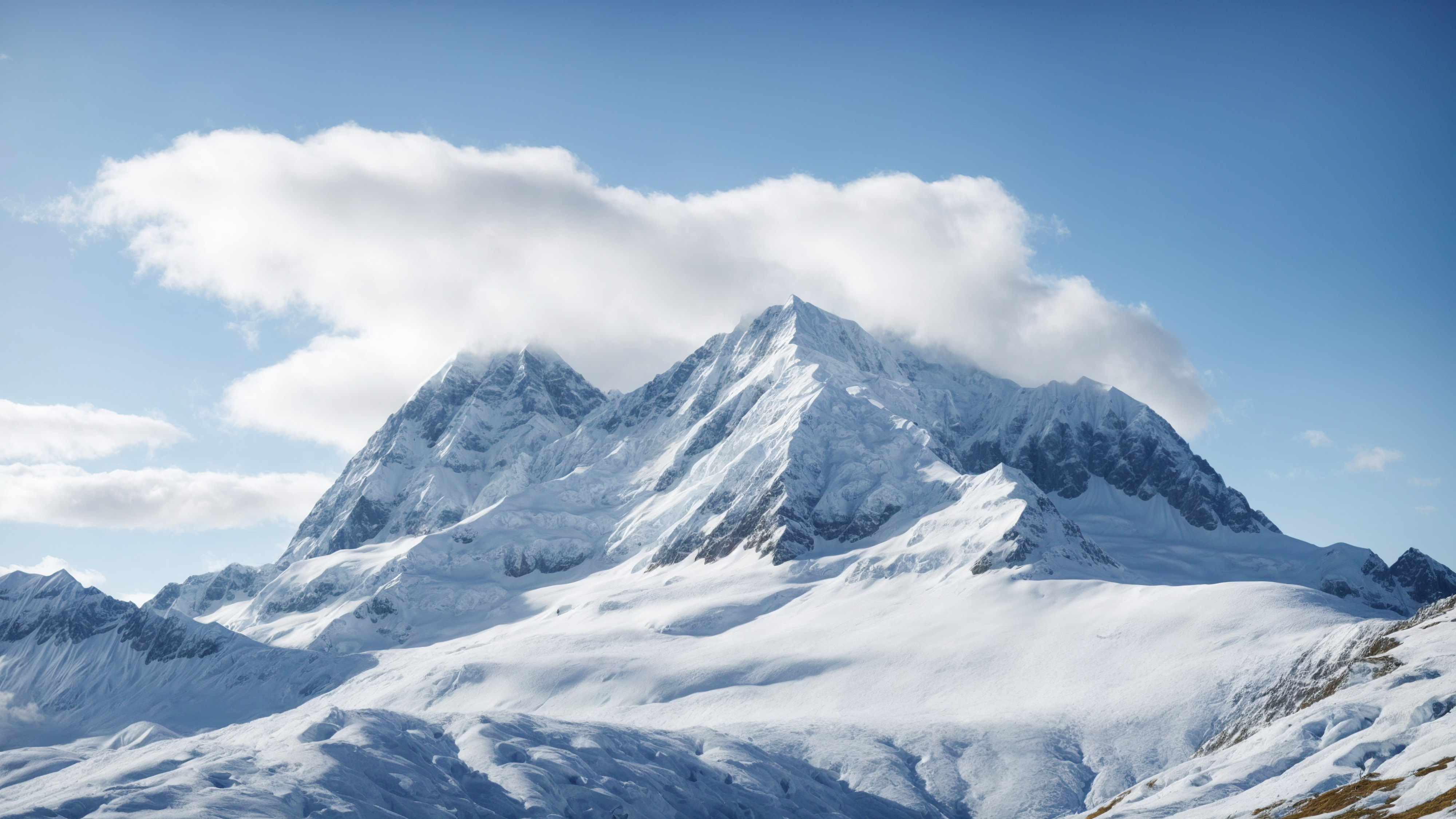 Ornez votre écran avec un fond d'écran de montagne blanche qui offre un gros plan d'un sommet de montagne couvert de glace et de neige, sur fond de ciel bleu clair.
