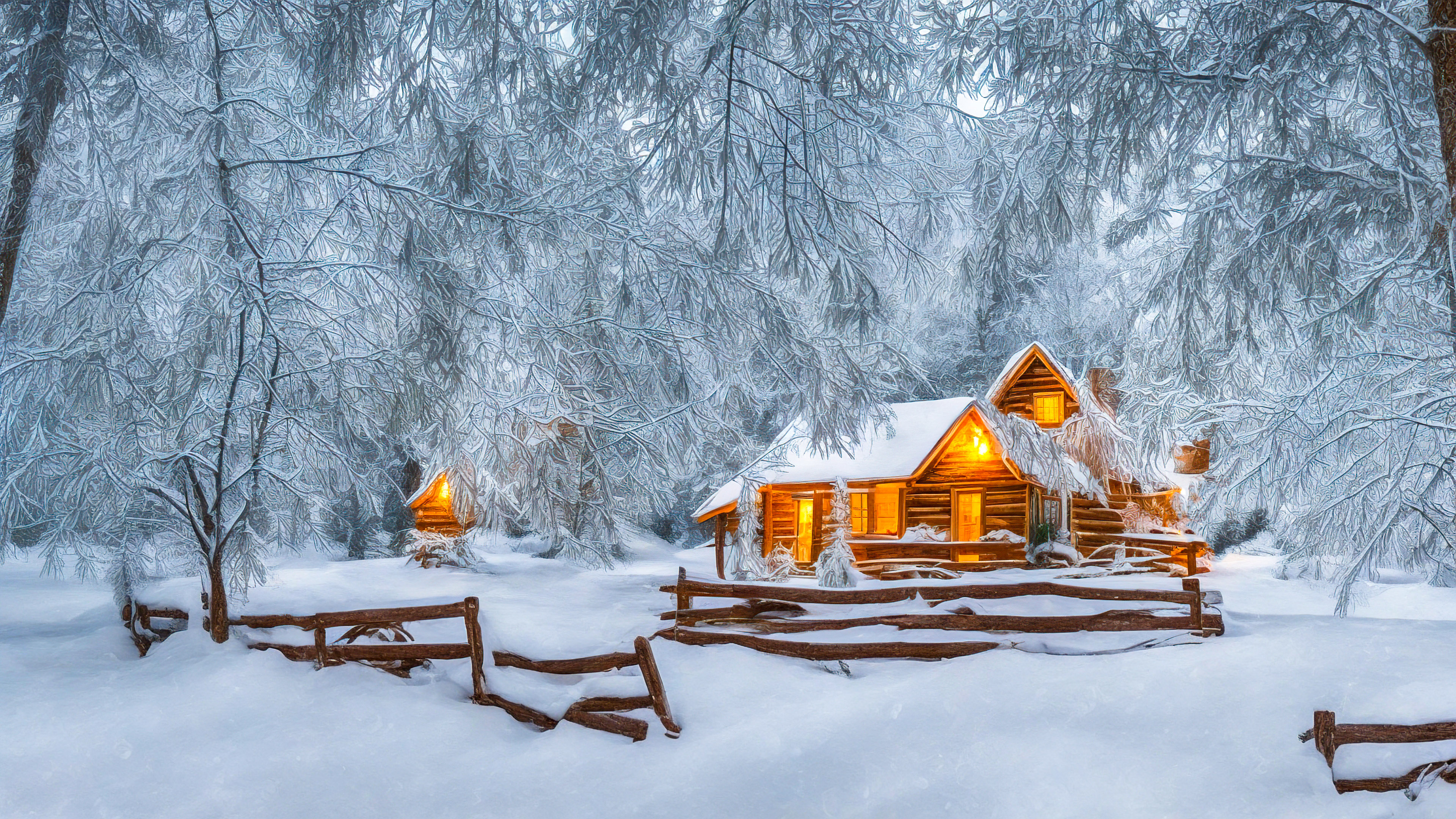 Fonds d’écran HD 1920x1080 de la nature avec l’hiver, des arbres couverts de neige et une cabane ornée de lumières de fête.