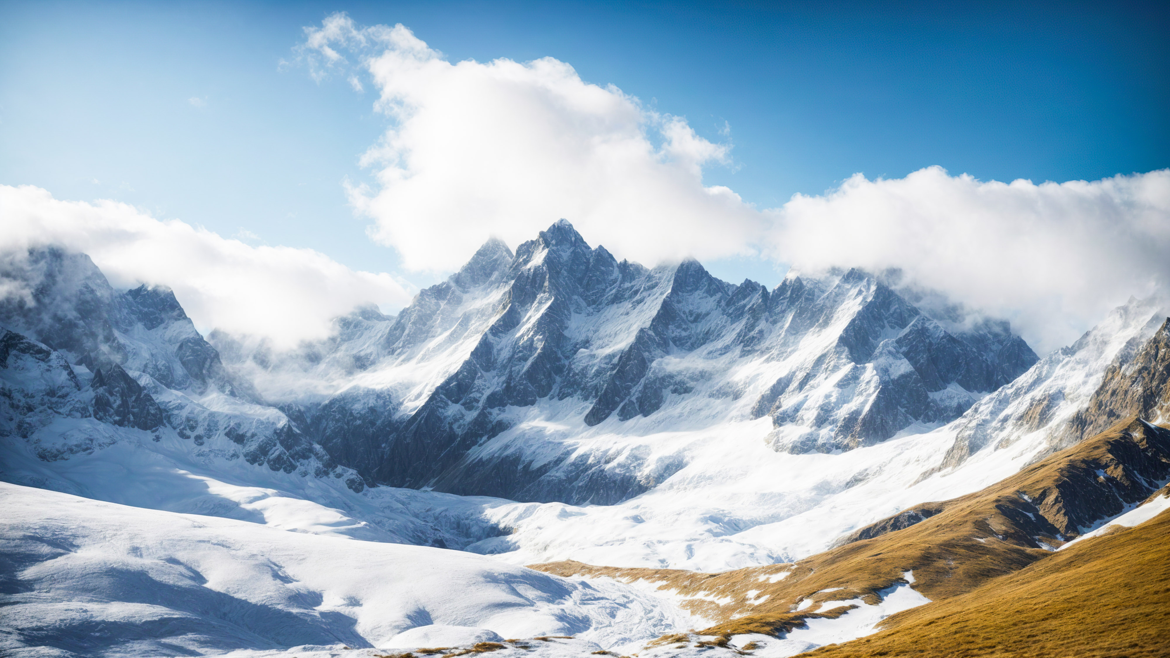 Téléchargez ce fond d'écran de nature pour ordinateur de bureau en HD, capturant une vue à couper le souffle sur une montagne avec des pics dentelés, de la neige immaculée et un ciel bleu clair, et laissez votre écran devenir une porte vers les hauteurs majestueuses de la grandeur de la nature.