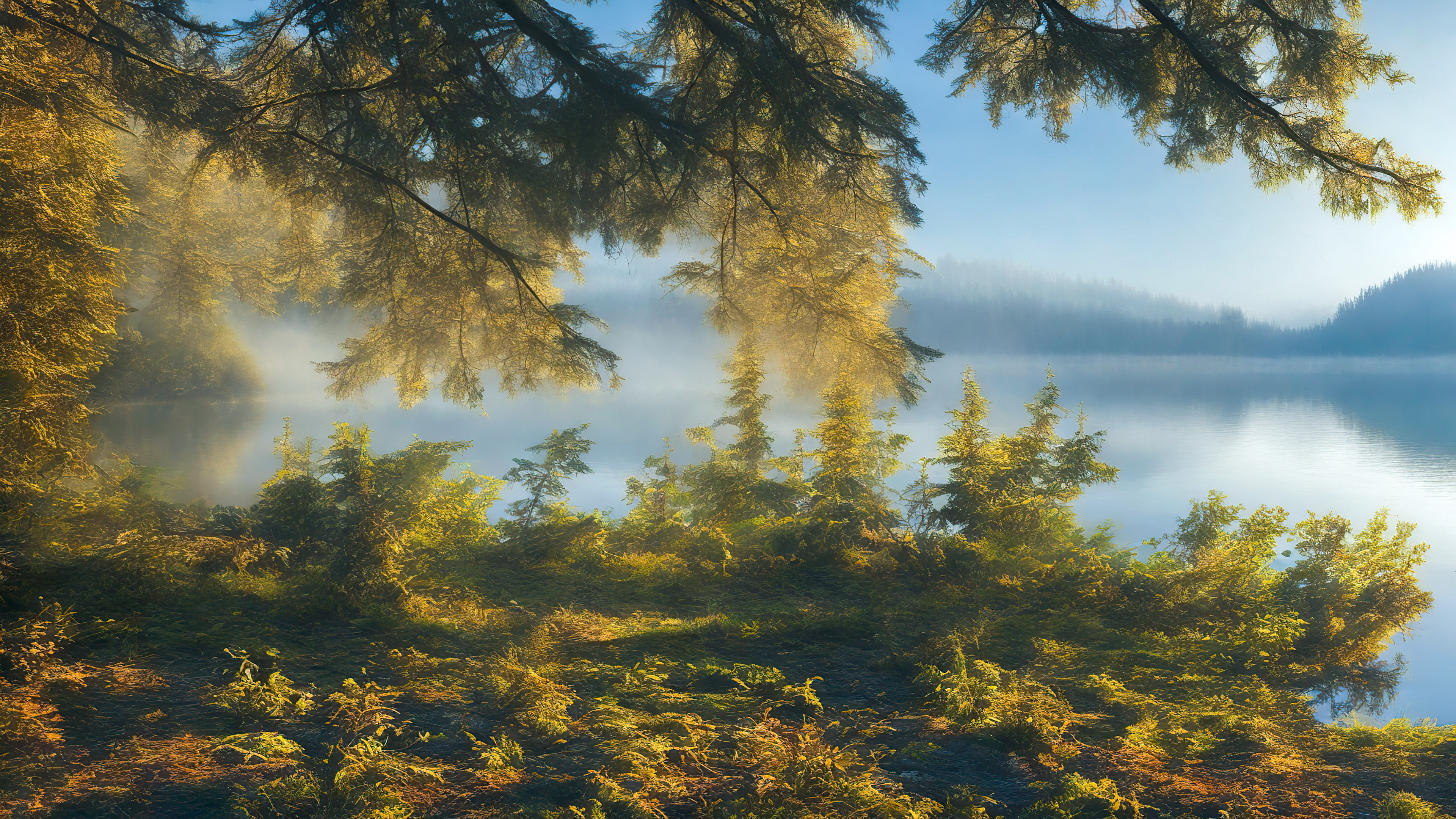 Witness the serenity of a lakeside scene at dawn, with mist rising from the water and the first light of day, in our 4K desktop wallpaper collection.