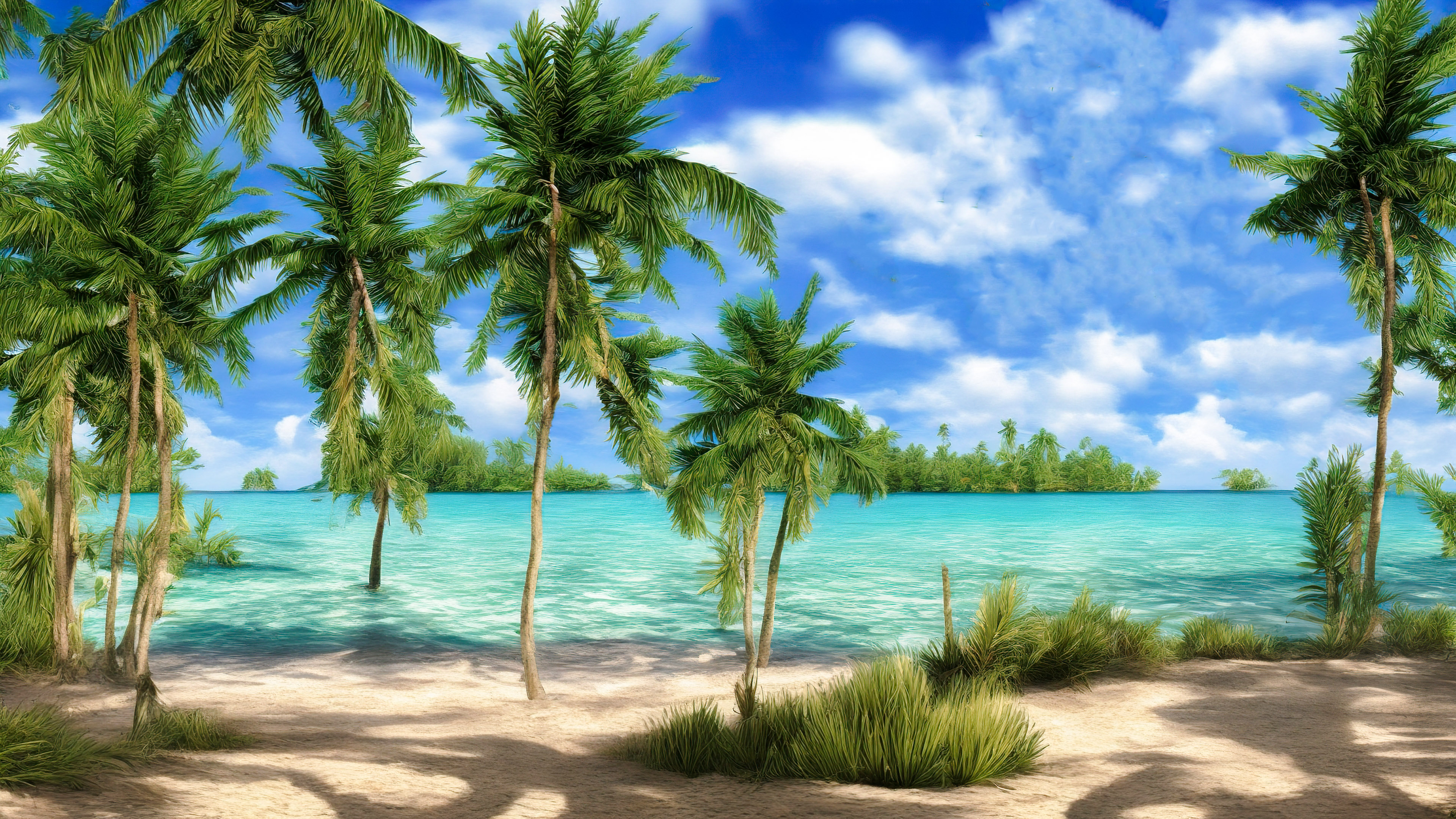 Download this enchanting 4K nature wallpaper featuring a tranquil beach with crystal-clear turquoise waters and palm trees swaying in the breeze.