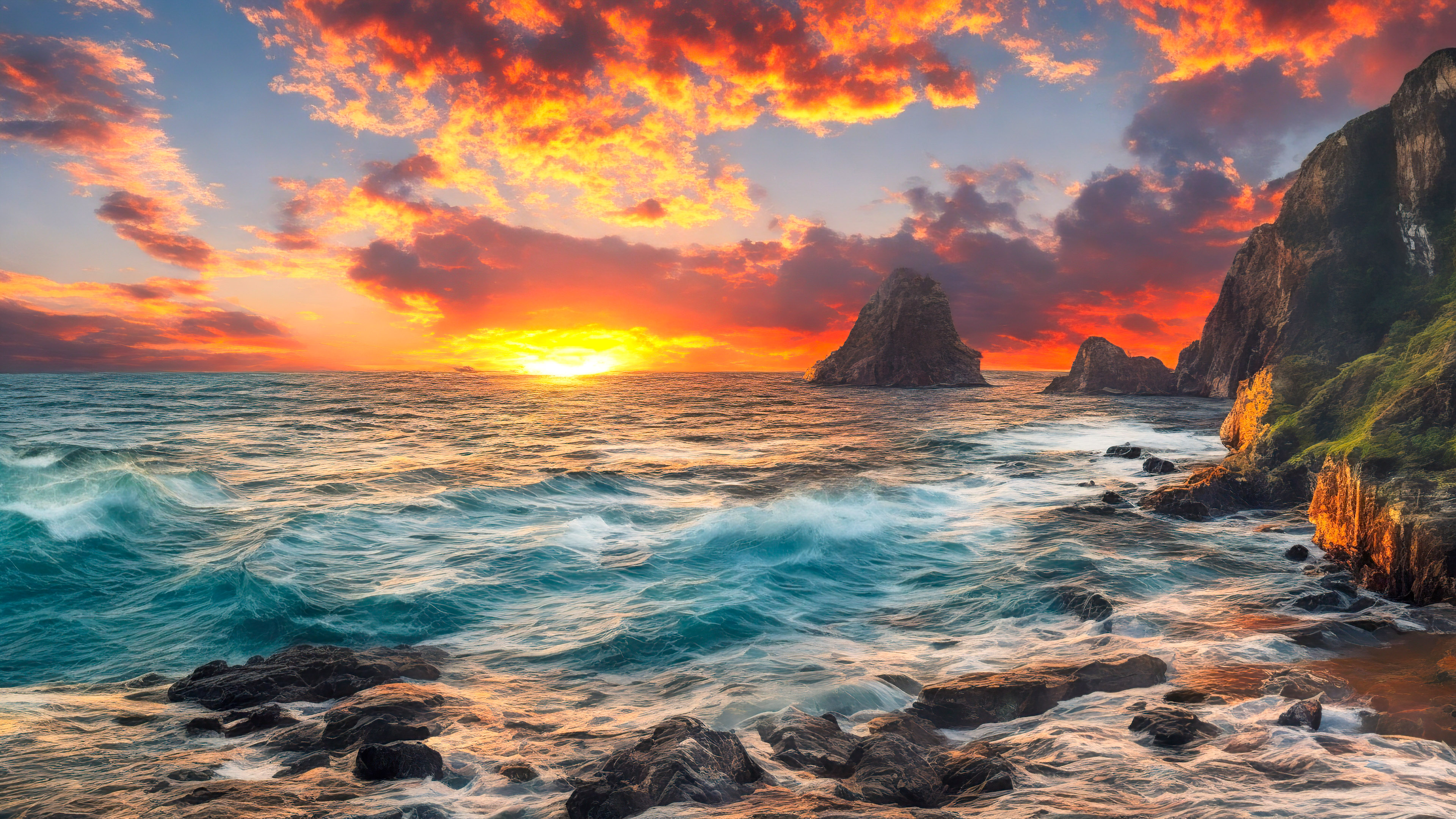 Discover the grandeur of a stunning coastal view with rugged cliffs, crashing waves, and a fiery sunset with our nature desktop wallpaper in 4K.