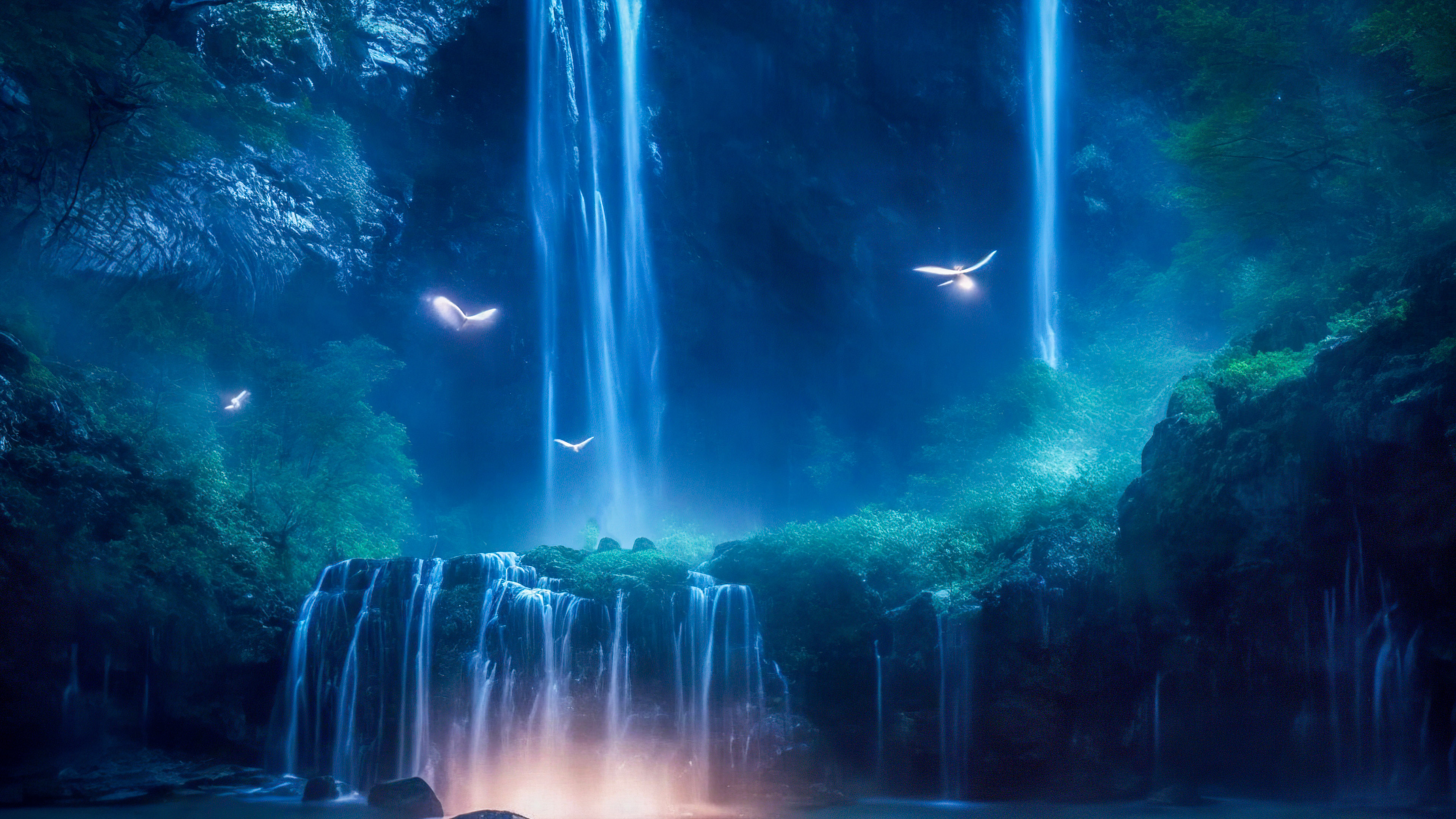 Experience the enchantment of a magical waterfall illuminated by moonlight, with fireflies dancing around its cascading waters, through our nature wallpaper in 4K for your PC.