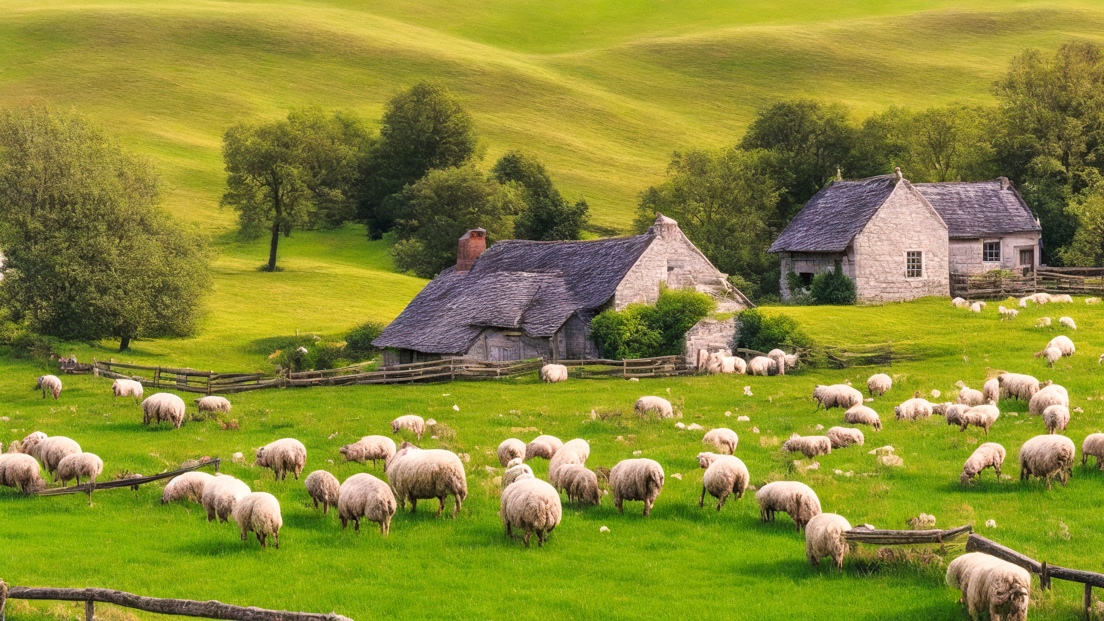 Entrez dans la tranquillité d'un paisible cottage de campagne niché parmi des collines ondulantes, entouré de moutons qui paissent, avec notre fond d'écran en 4K des paysages pour votre ordinateur portable.