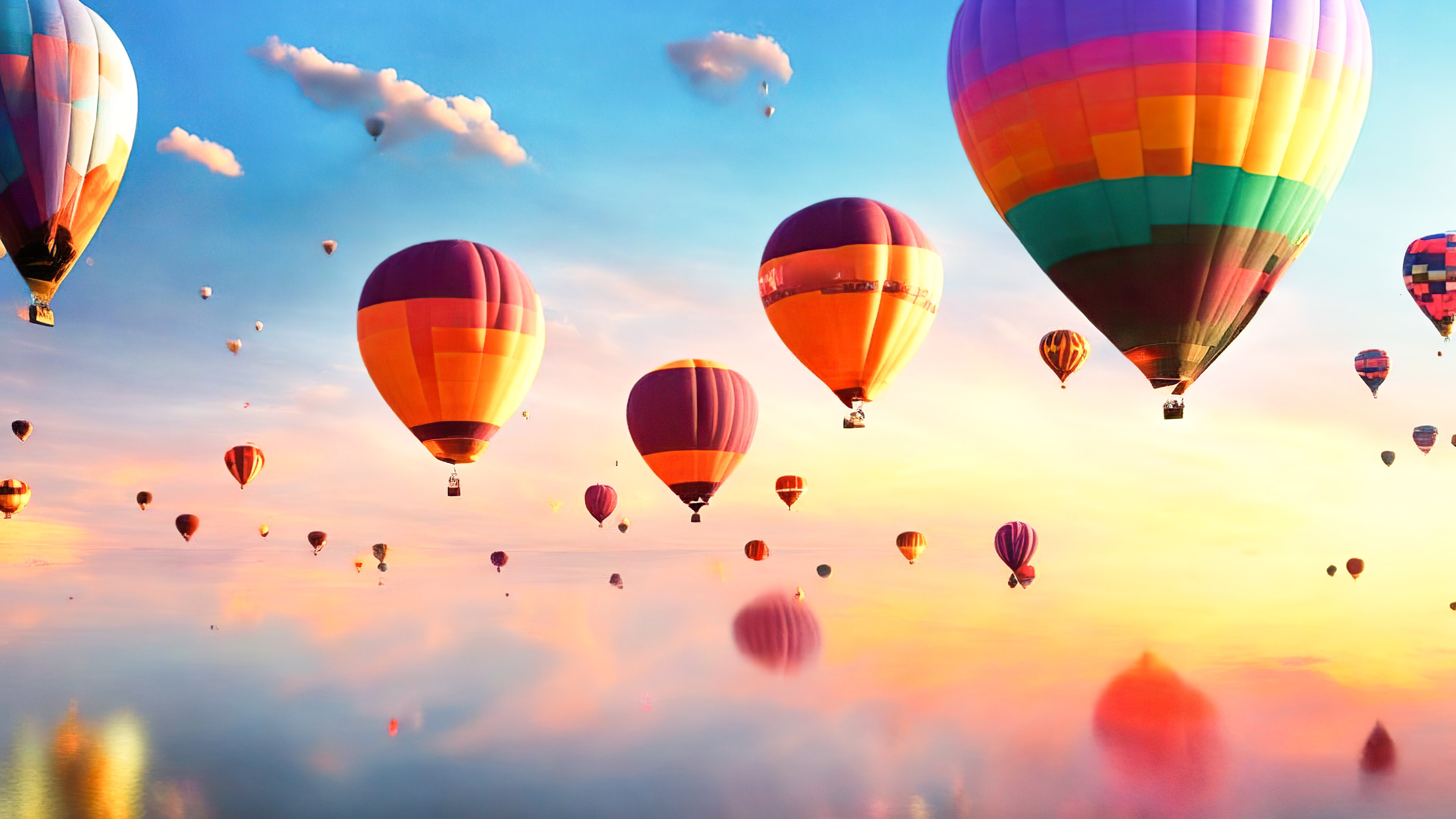Ornez votre écran avec un ciel capricieux et rêveur rempli de montgolfières colorées flottantes au lever du soleil avec notre fond d'écran ultra HD de beaux paysages.