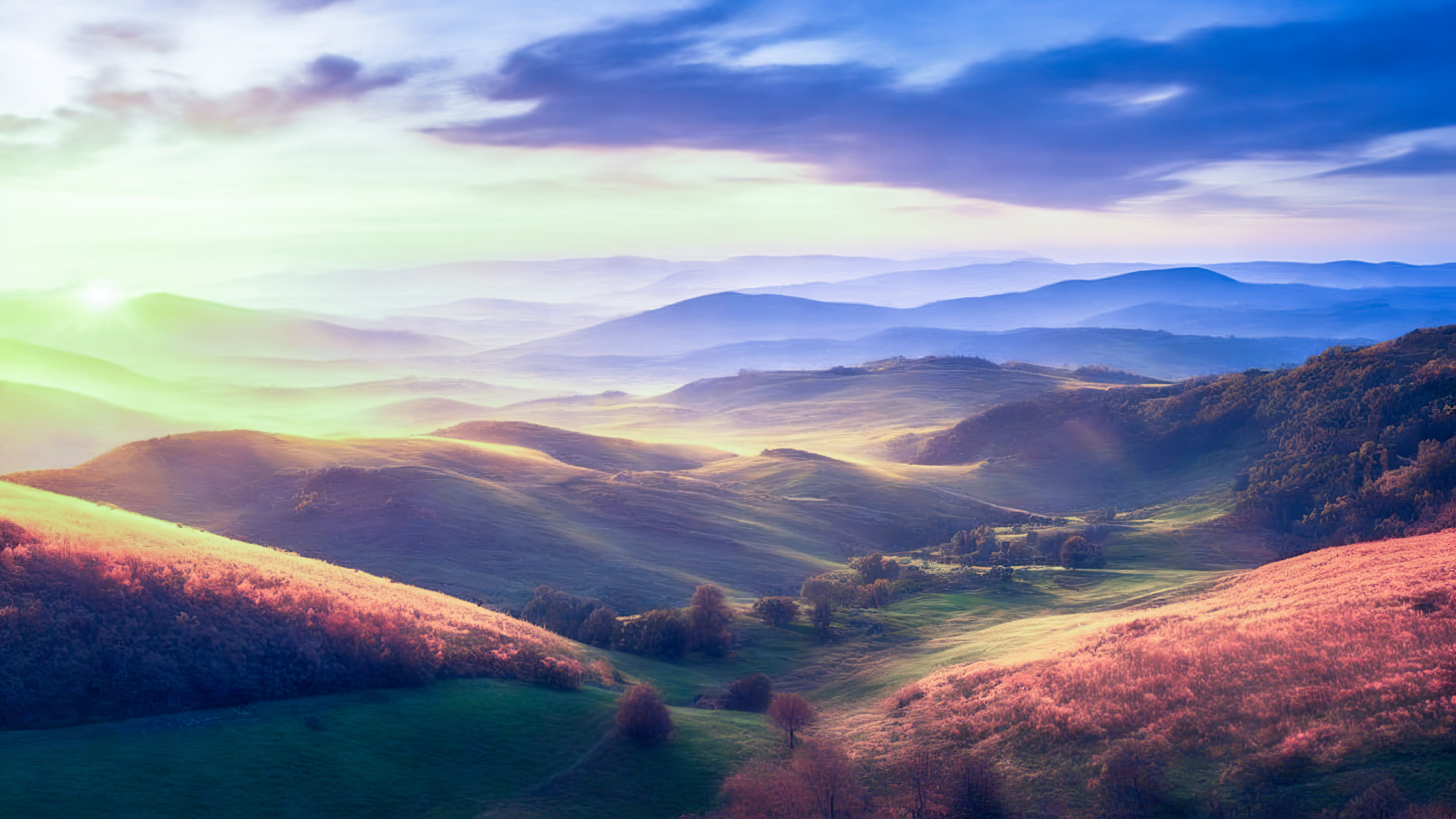 Get a glimpse of the early morning with our beautiful nature sunrise wallpaper, capturing a breathtaking sunrise over a tranquil countryside, with rolling hills and a warm, golden glow.