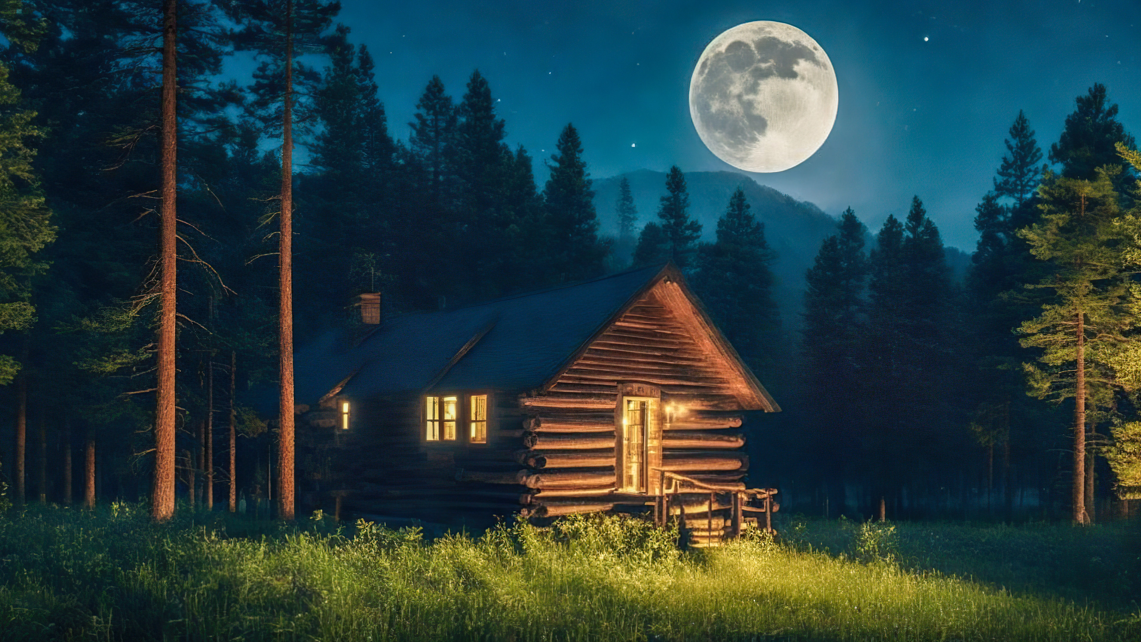 Discover the tranquility of our beautiful scenery wallpapers for PC, featuring a cozy cabin nestled among pine trees, bathed in the gentle light of a full moon.