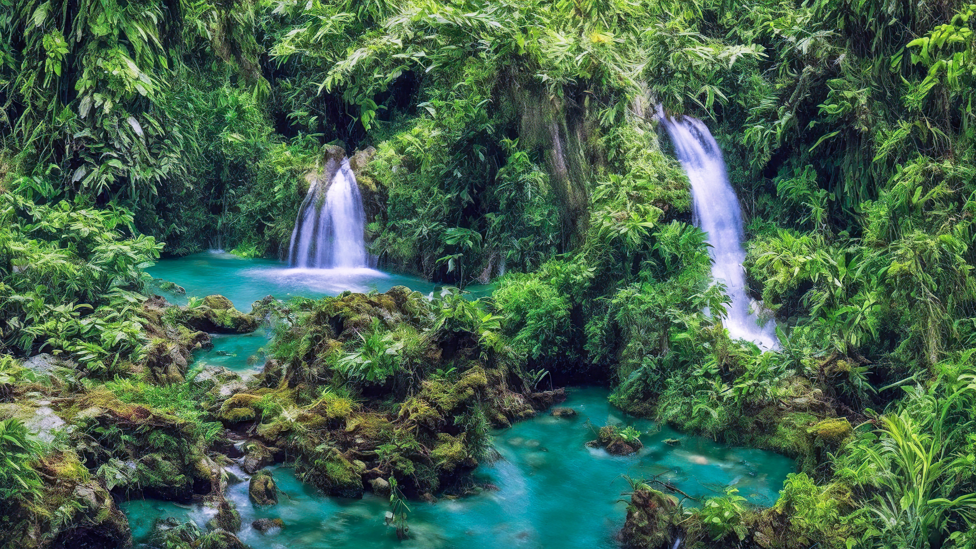 Experience the allure of our beautiful waterfall background, showcasing an enchanting waterfall hidden deep in the lush, emerald-green rainforest.