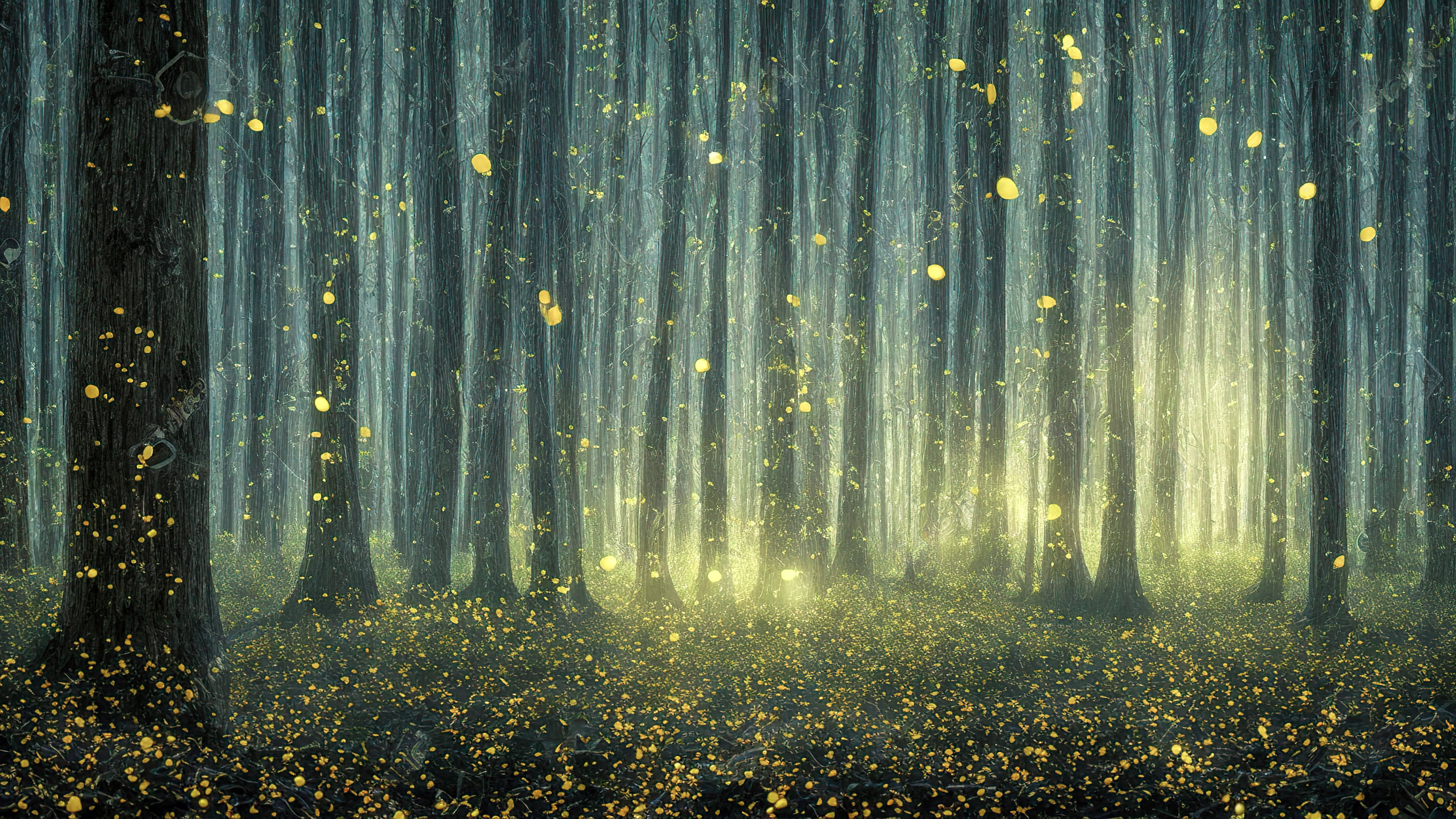 Découvrez le charme de nos belles images de fond d'écran nature, présentant une forêt magique illuminée par la douce lueur des lucioles lors d'une chaude soirée d'été.