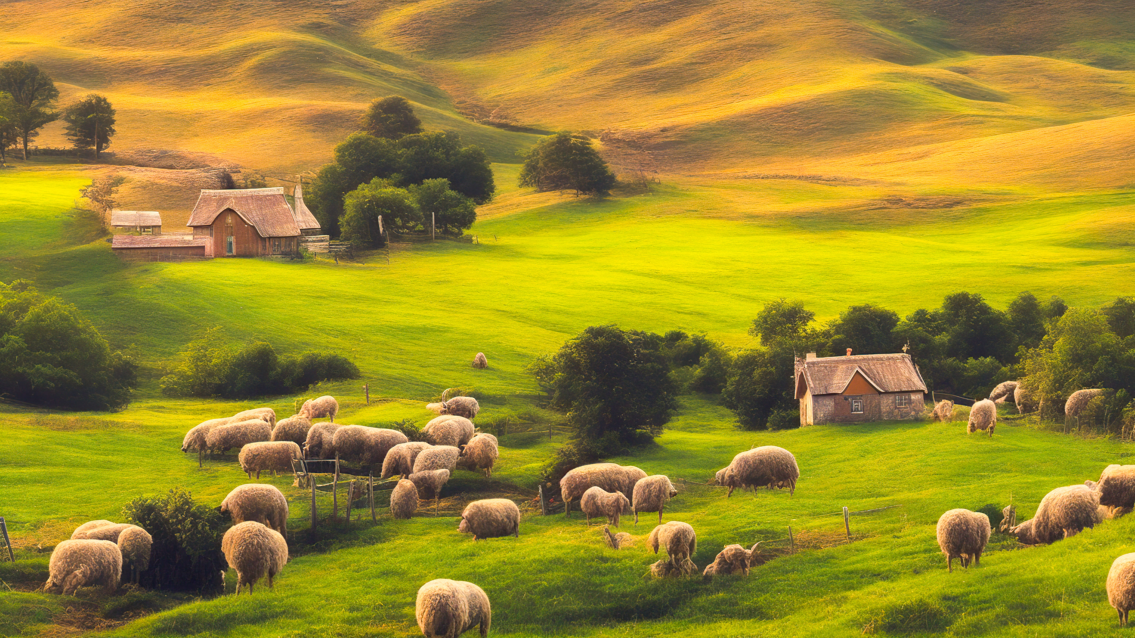 Téléchargez la sérénité de notre fond d'écran de paysage en 4K pour bureau, capturant un paisible cottage de campagne niché parmi les collines vallonnées, entouré de moutons qui paissent.