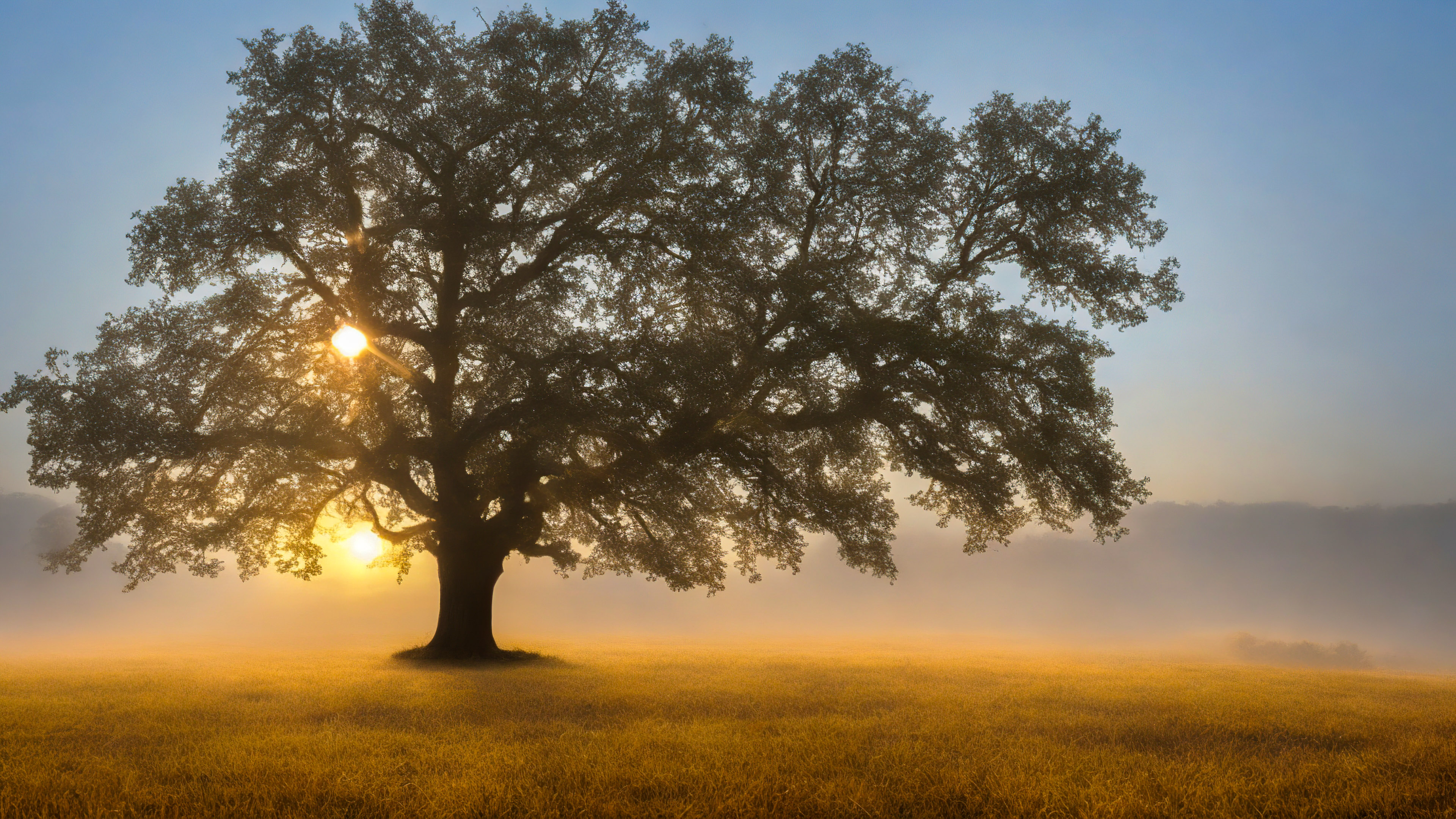 Experience the solitude with our beautiful scenery wall paper, featuring a majestic oak tree standing alone in a misty field, with a backdrop of the rising sun.