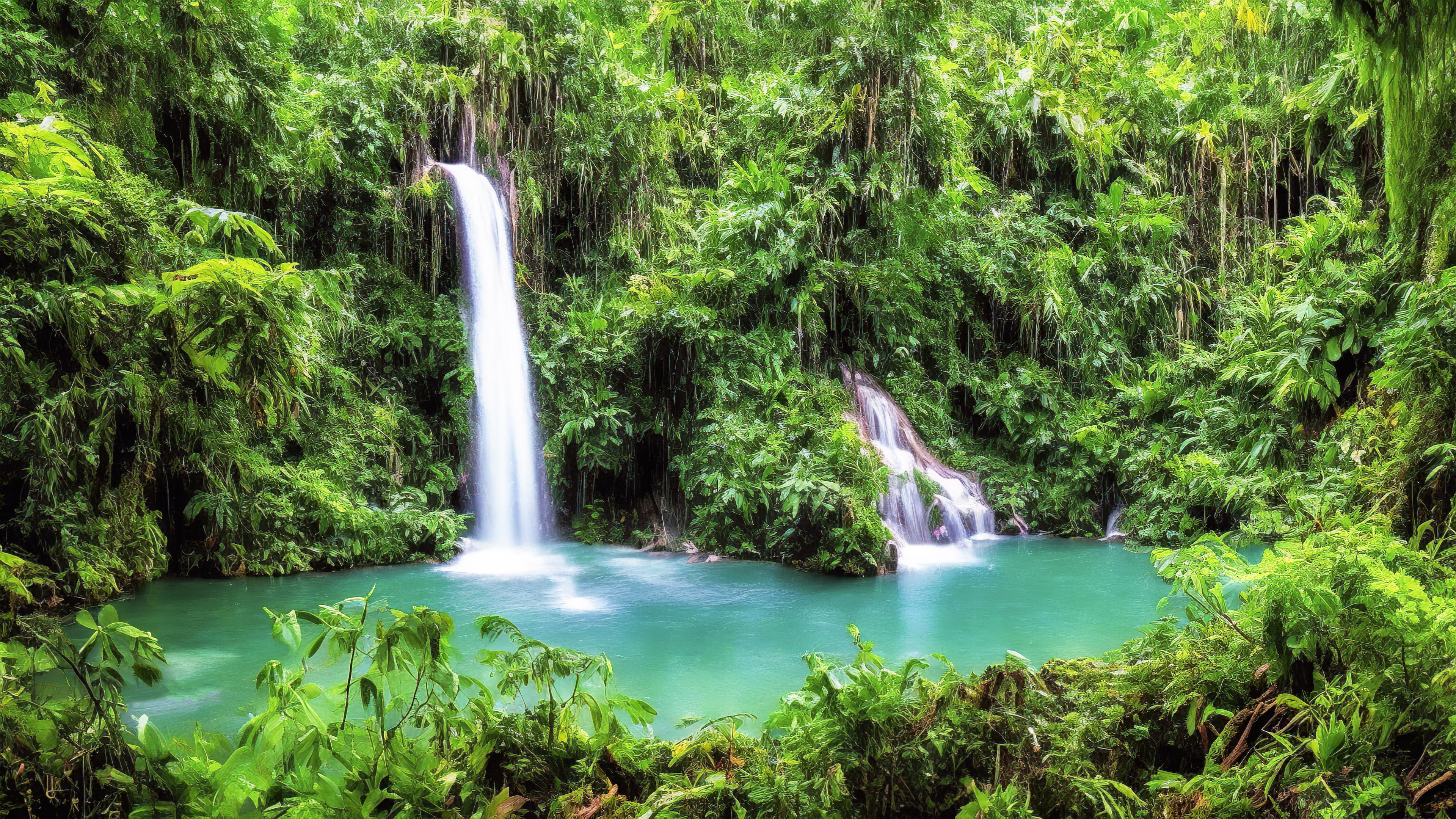 Découvrez l'enchantement de notre fond d'écran de paysage vert, présentant une cascade enchantée cachée au plus profond de la luxuriante forêt tropicale émeraude.