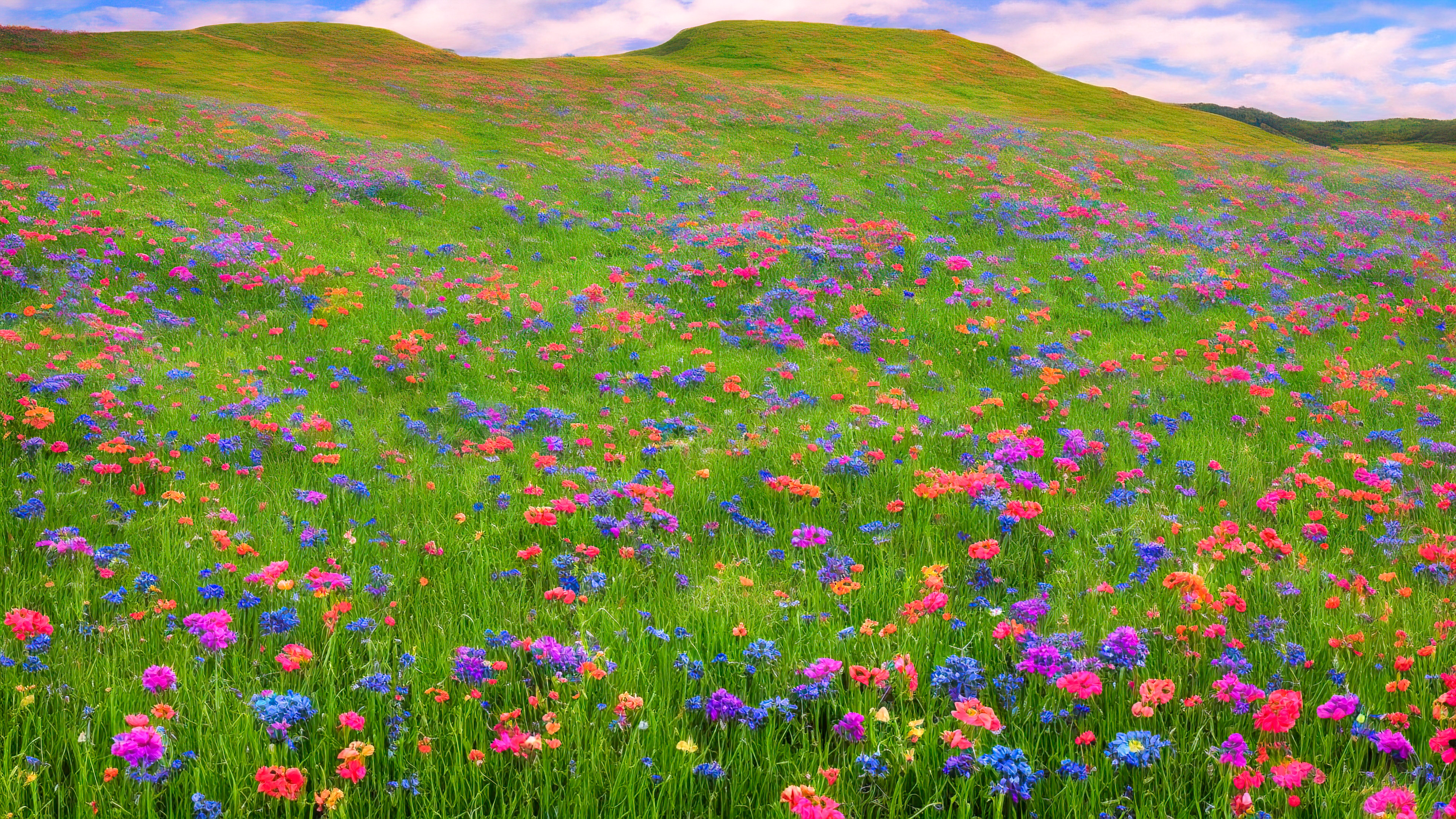 Apercevez la campagne avec notre fond d'écran de paysage, présentant une prairie pittoresque couverte de fleurs sauvages colorées, avec en toile de fond des collines ondulantes.