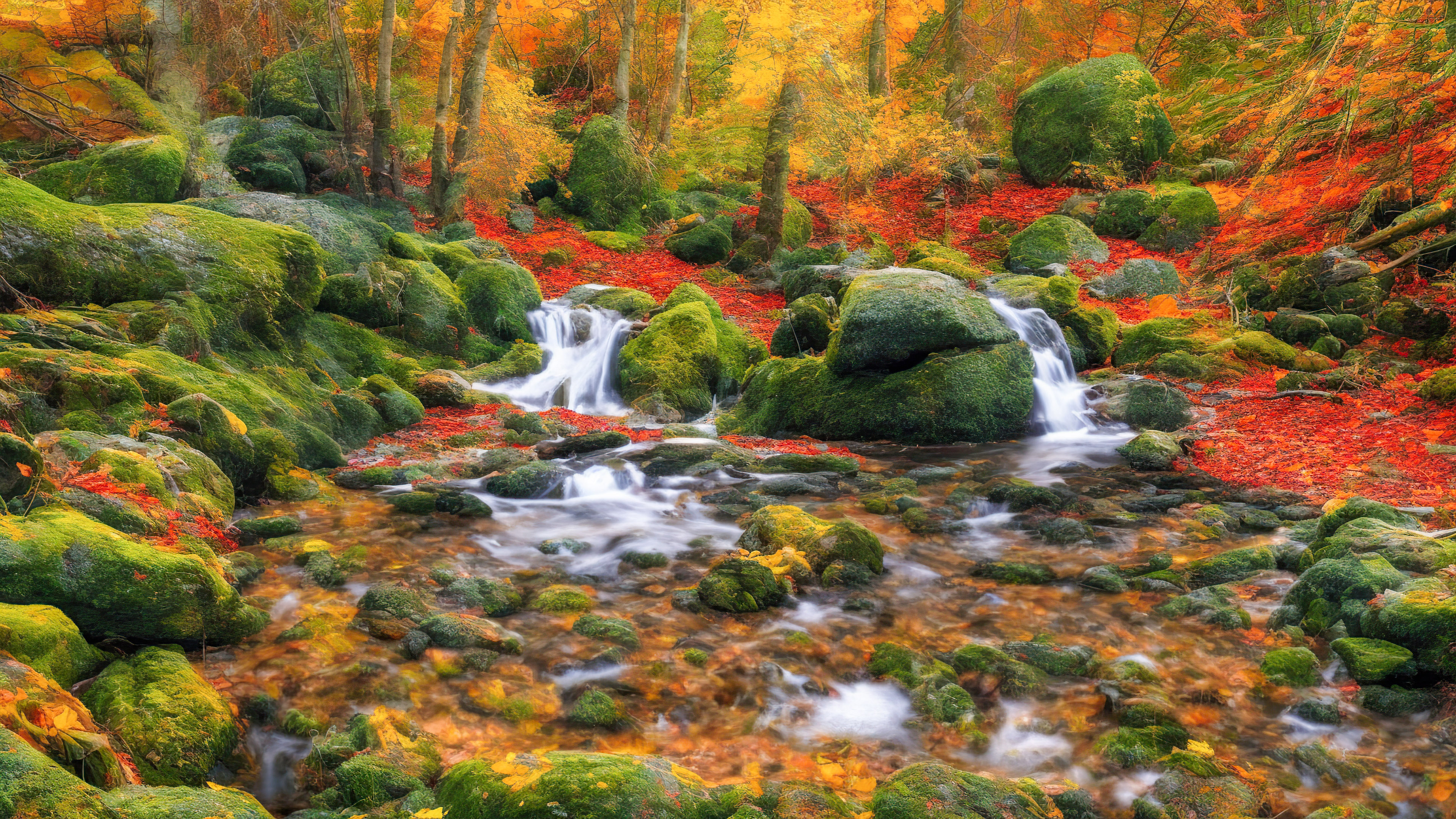 Vivez la tranquillité avec notre fond d'écran PC de paysage, illustrant une scène de forêt paisible avec un ruisseau sinueux, entouré d'un feuillage d'automne vibrant.