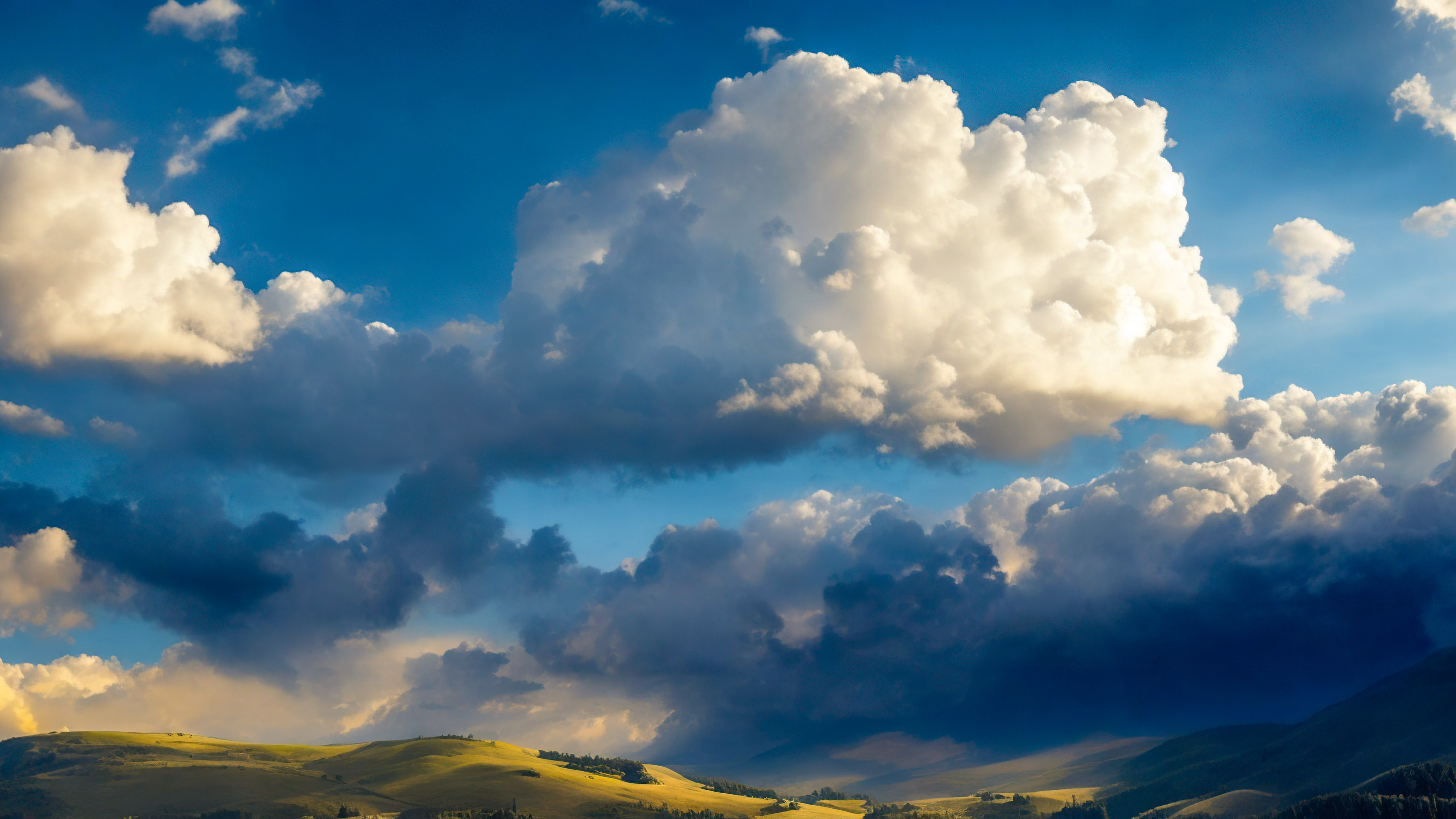 Get a taste of the dramatic with cool background, presenting a dramatic sky filled with towering, cumulonimbus clouds casting shadows over a sunlit valley.