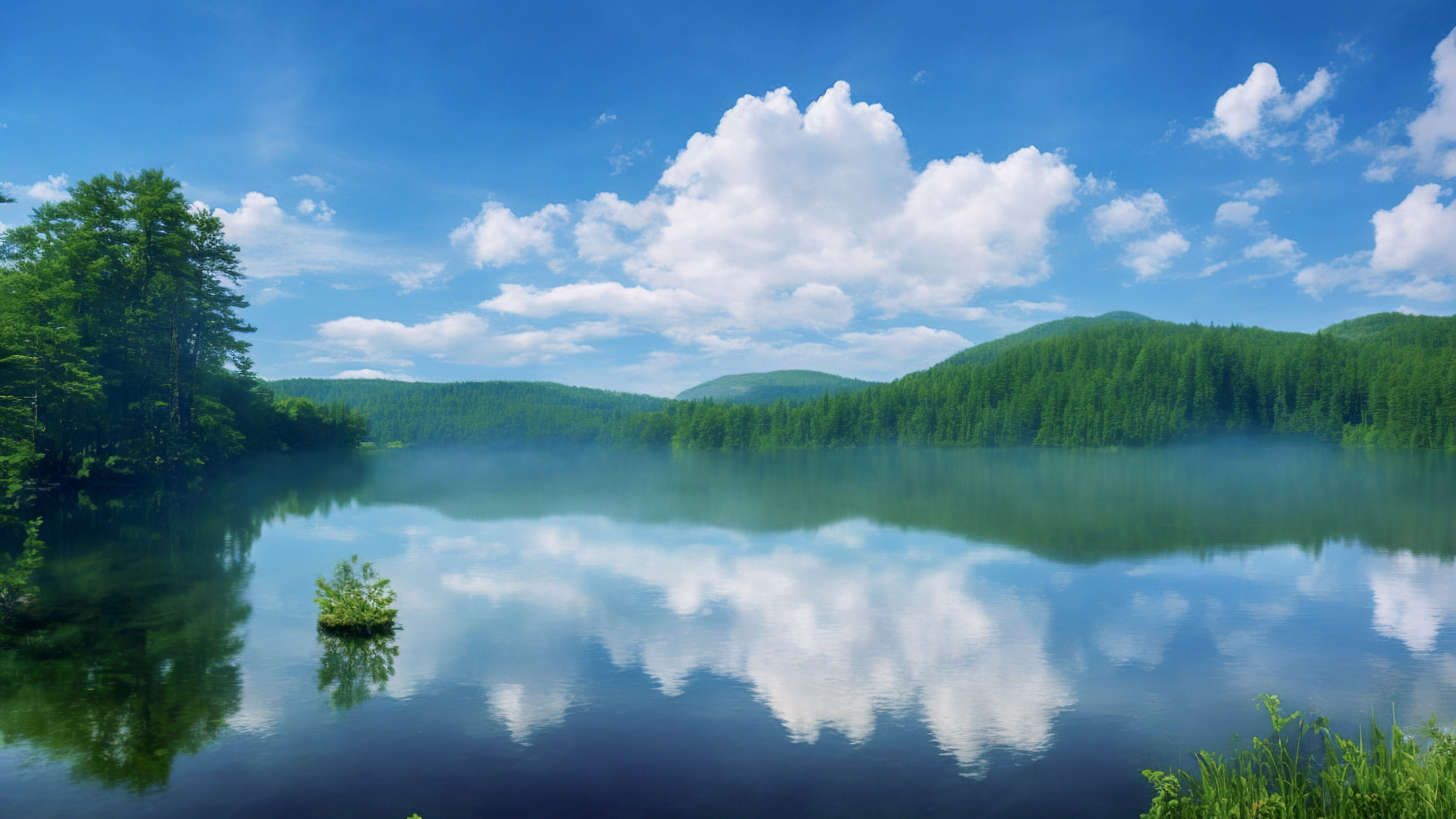 Admirez l'élégance de notre fond d'écran de ciel mignon, présentant un lac serein reflétant un ciel parsemé de nuages, entouré de forêts verdoyantes, et ressentez la tranquillité s'infiltrer dans votre espace numérique.