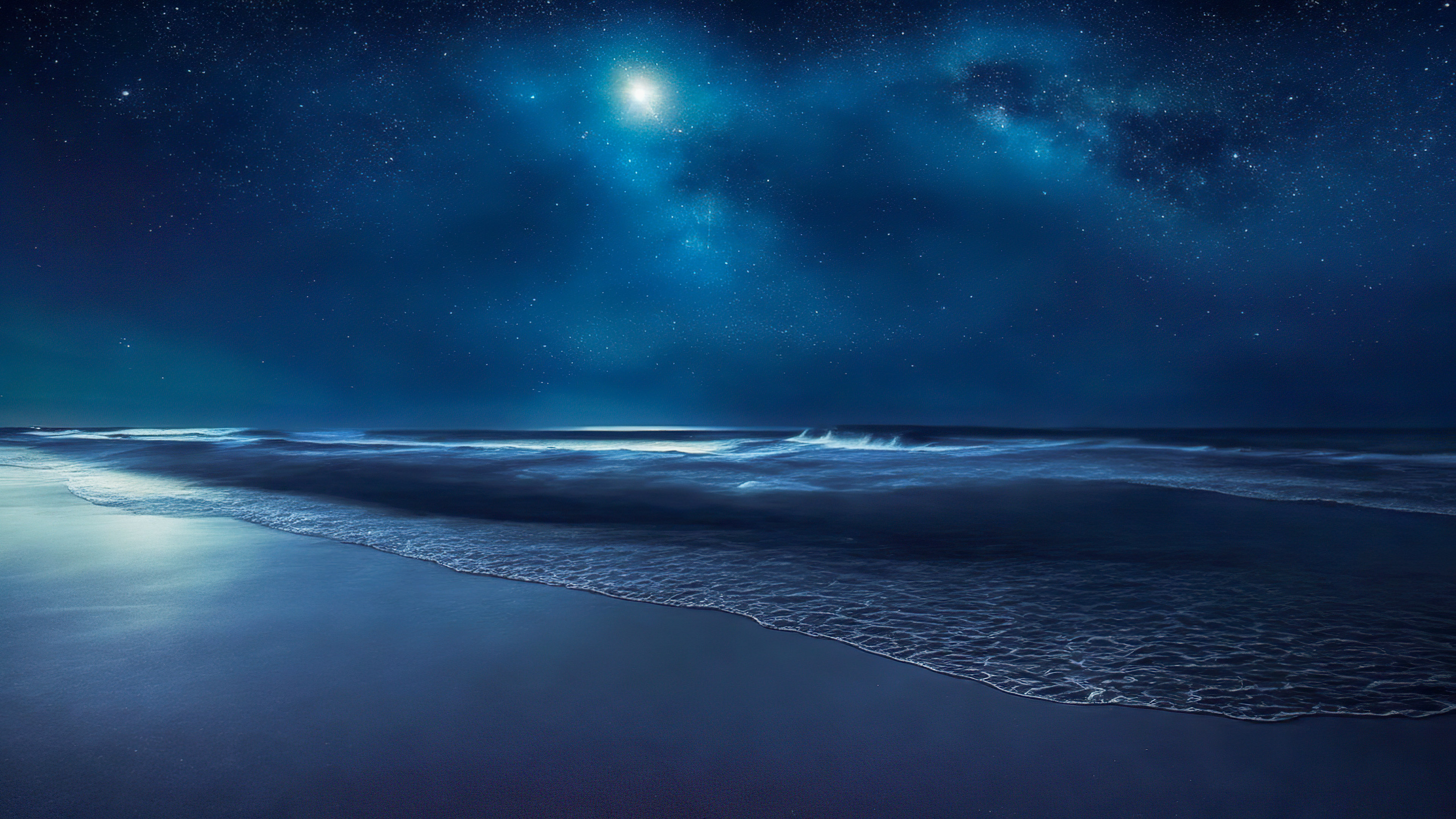 Transformez l'ambiance de votre appareil avec notre fond d'écran de ciel bleu foncé, capturant une plage éloignée la nuit, où les vagues rencontrent le rivage sous une toile d'étoiles scintillantes, et laissez la sérénité vous envahir.