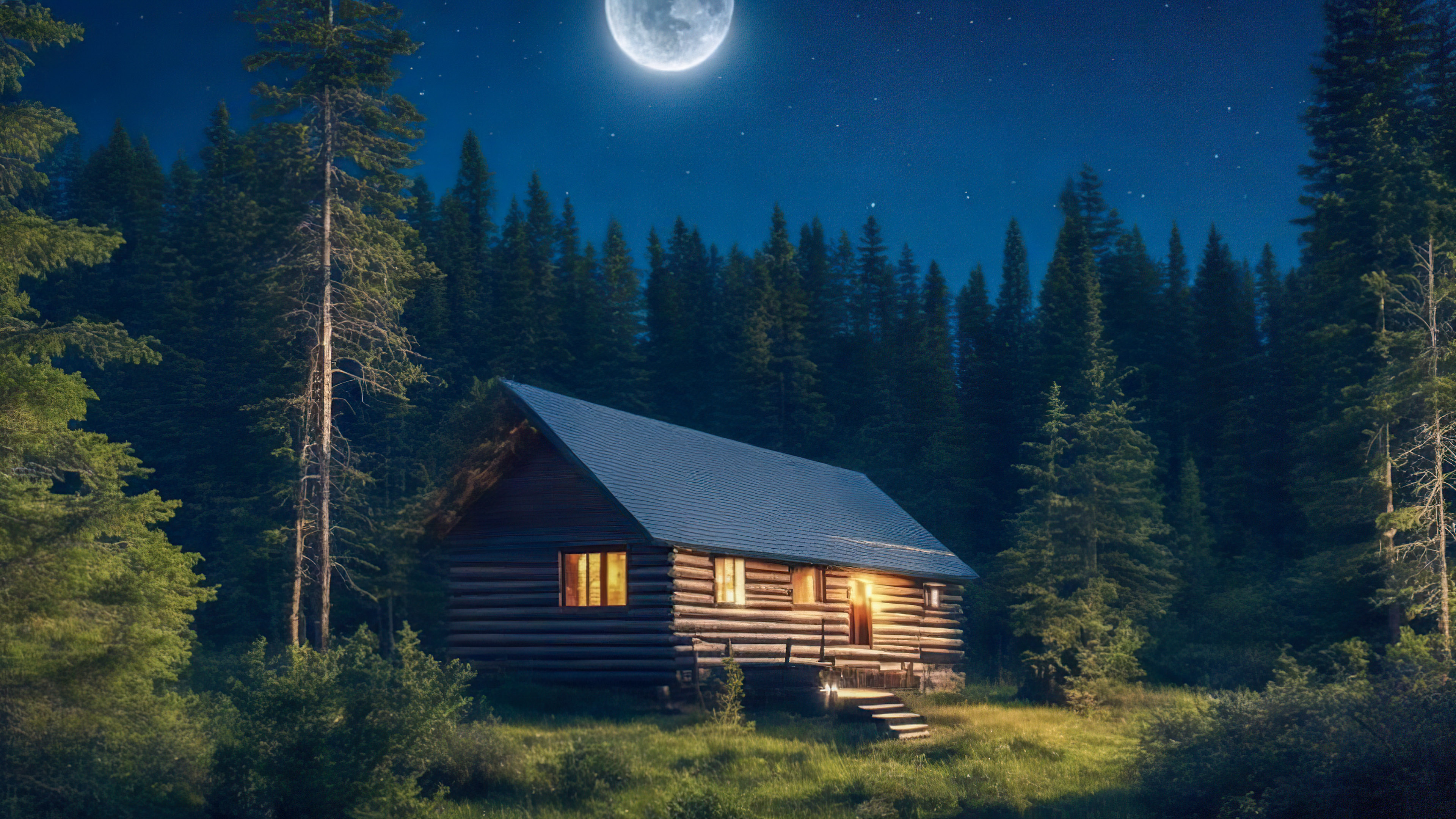 Adorn your PC with 4K night sky wallpaper, featuring a cozy cabin nestled among pine trees, bathed in the gentle light of a full moon.