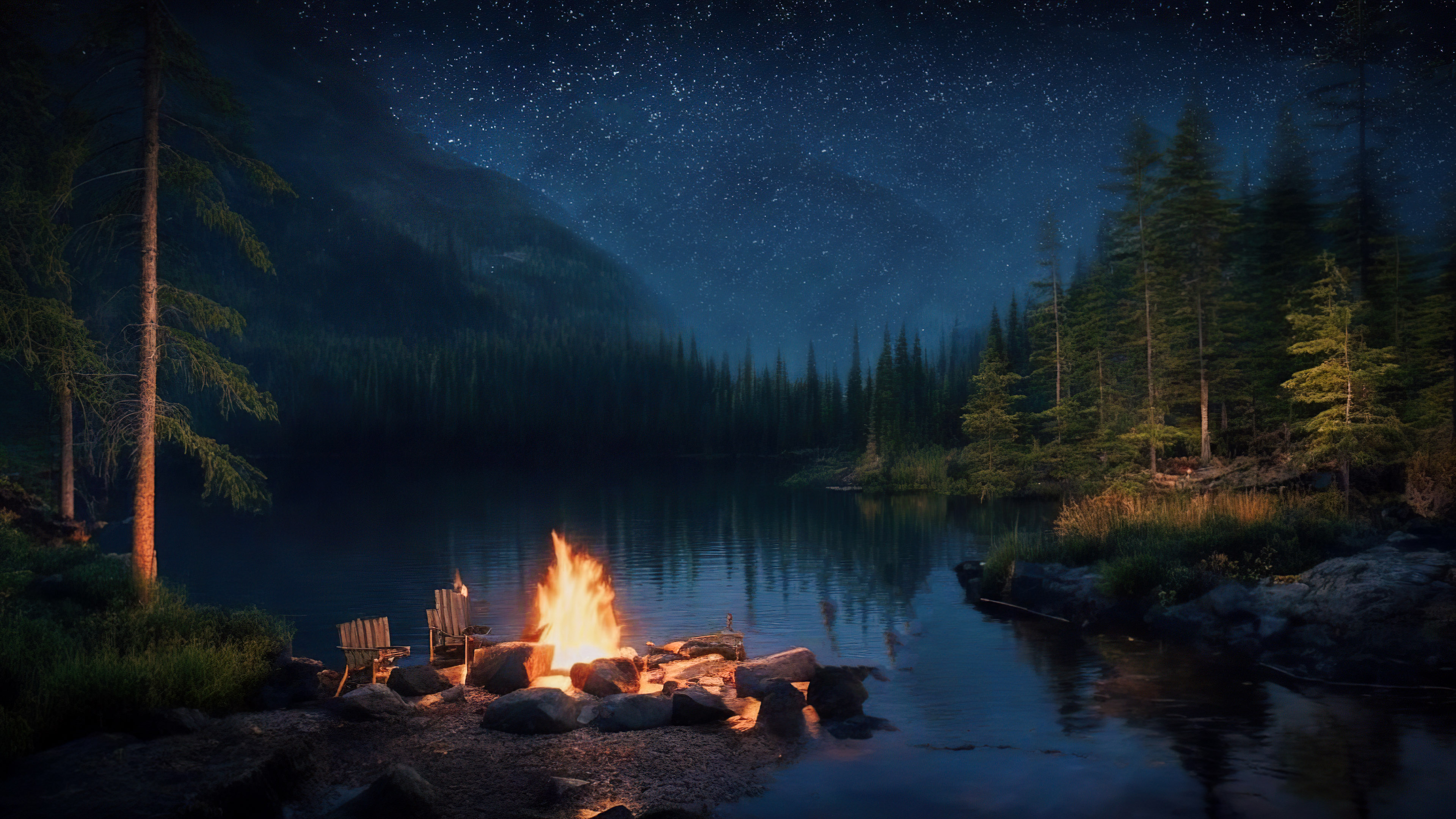Vivez la sérénité de notre fond de nuit esthétique, présentant un campement au bord d'un lac paisible avec un feu de camp vacillant, entouré d'une forêt sombre et boisée.