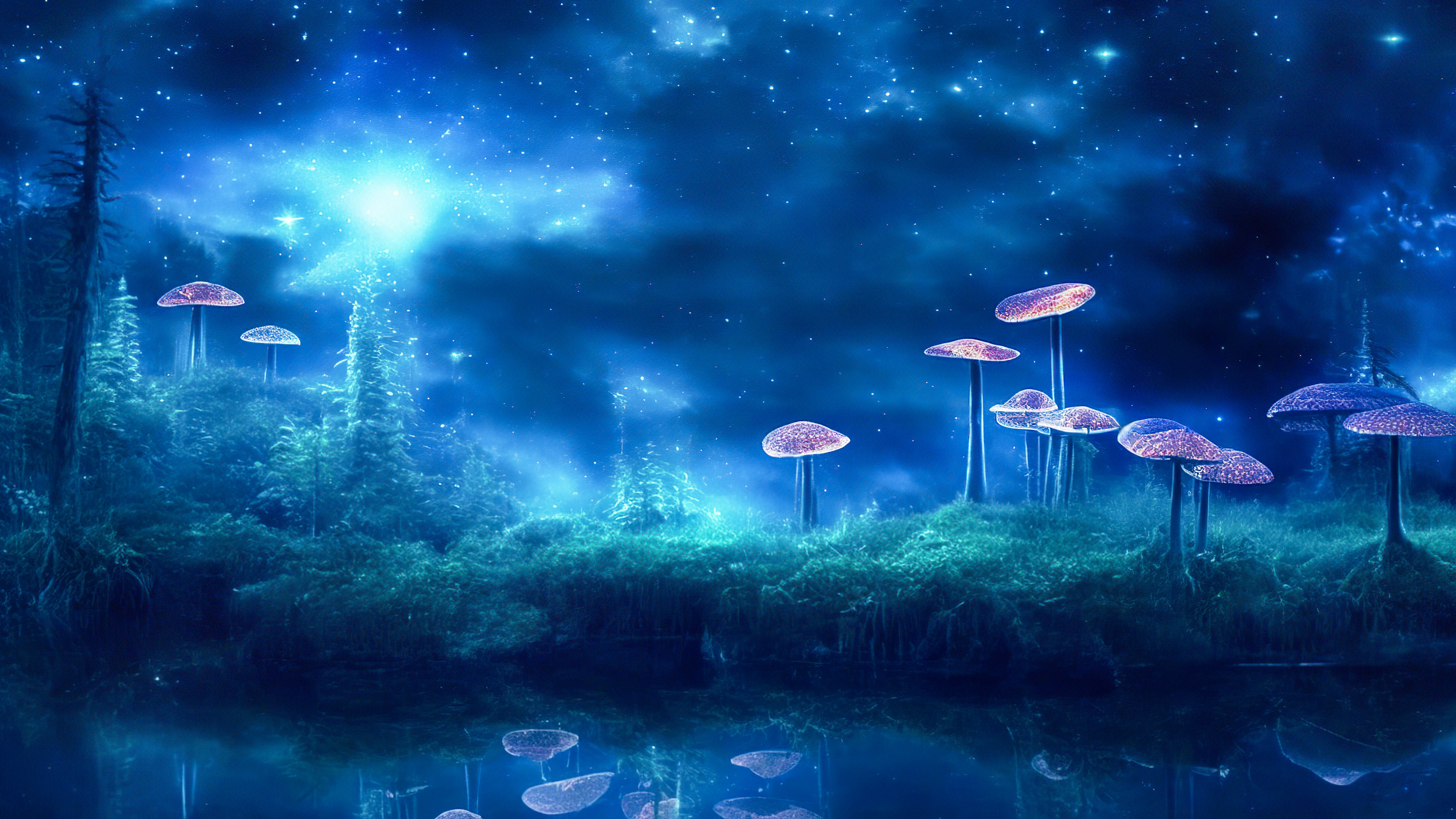 Perdez-vous dans l'enchantement de notre fond d'écran de nuit cool, présentant une clairière mystique avec des champignons bioluminescents, créant une scène surnaturelle.