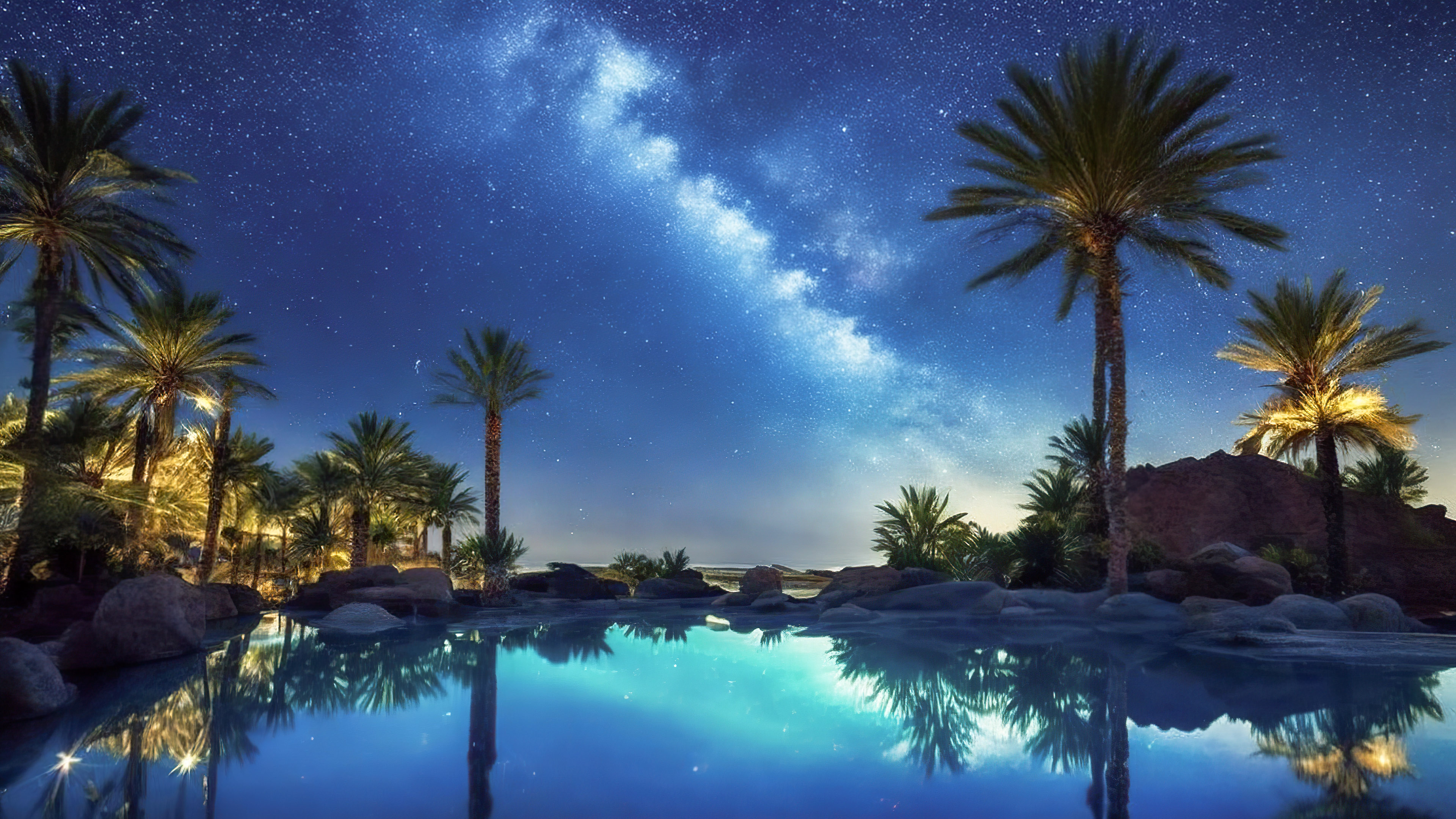 Ornez votre appareil avec notre fond d'écran de ciel du soir, capturant une oasis désertique sous la Voie lactée, où des palmiers entourent une piscine sereine et étoilée.