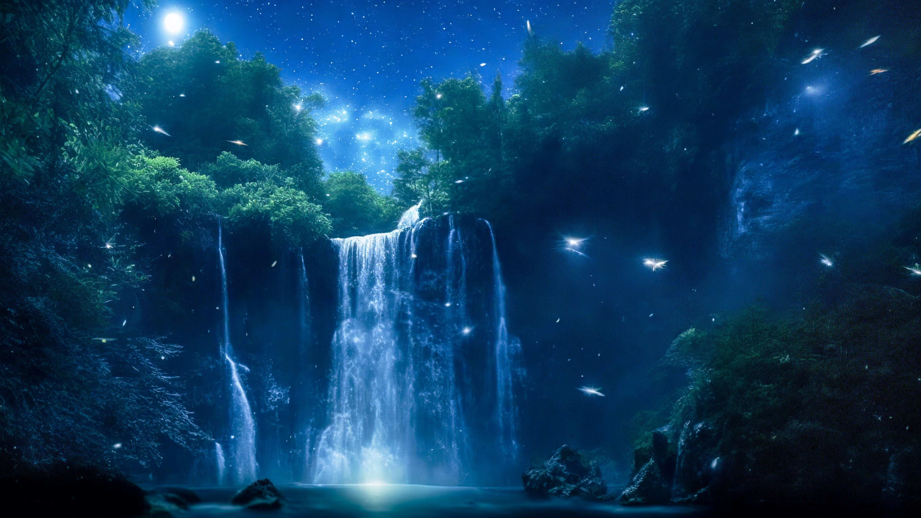 Get lost in the magic with our night sky background in 4K, showcasing a magical waterfall illuminated by moonlight, with fireflies dancing around its cascading waters.