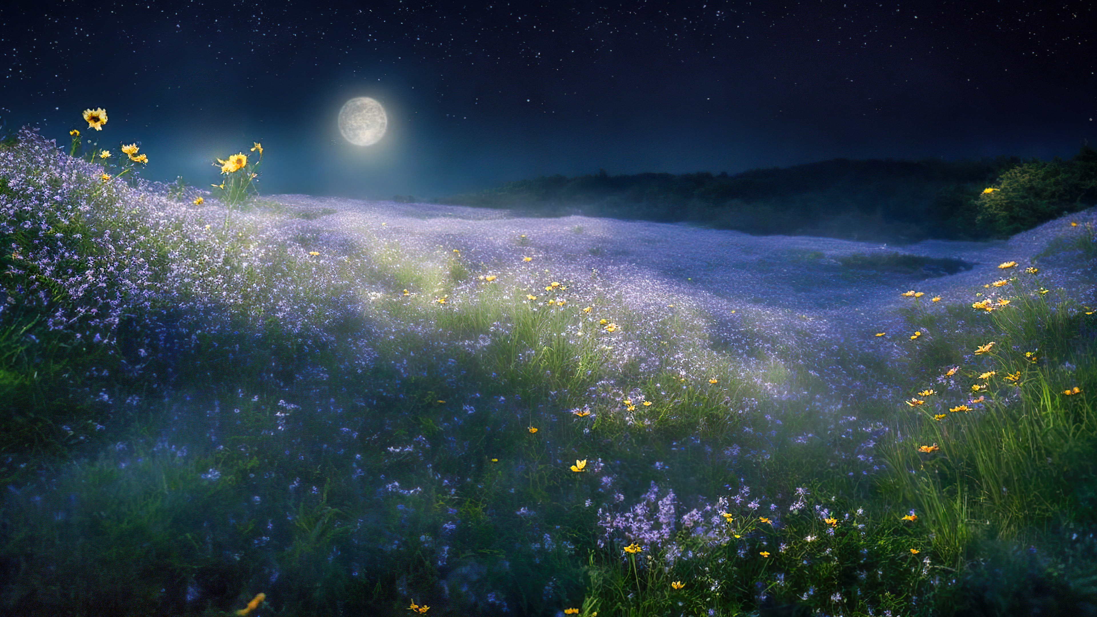 Téléchargez l'arrière-plan de ciel nocturne surréaliste, illustrant une prairie surréaliste et onirique, où une mer de fleurs sauvages brille au clair de lune.