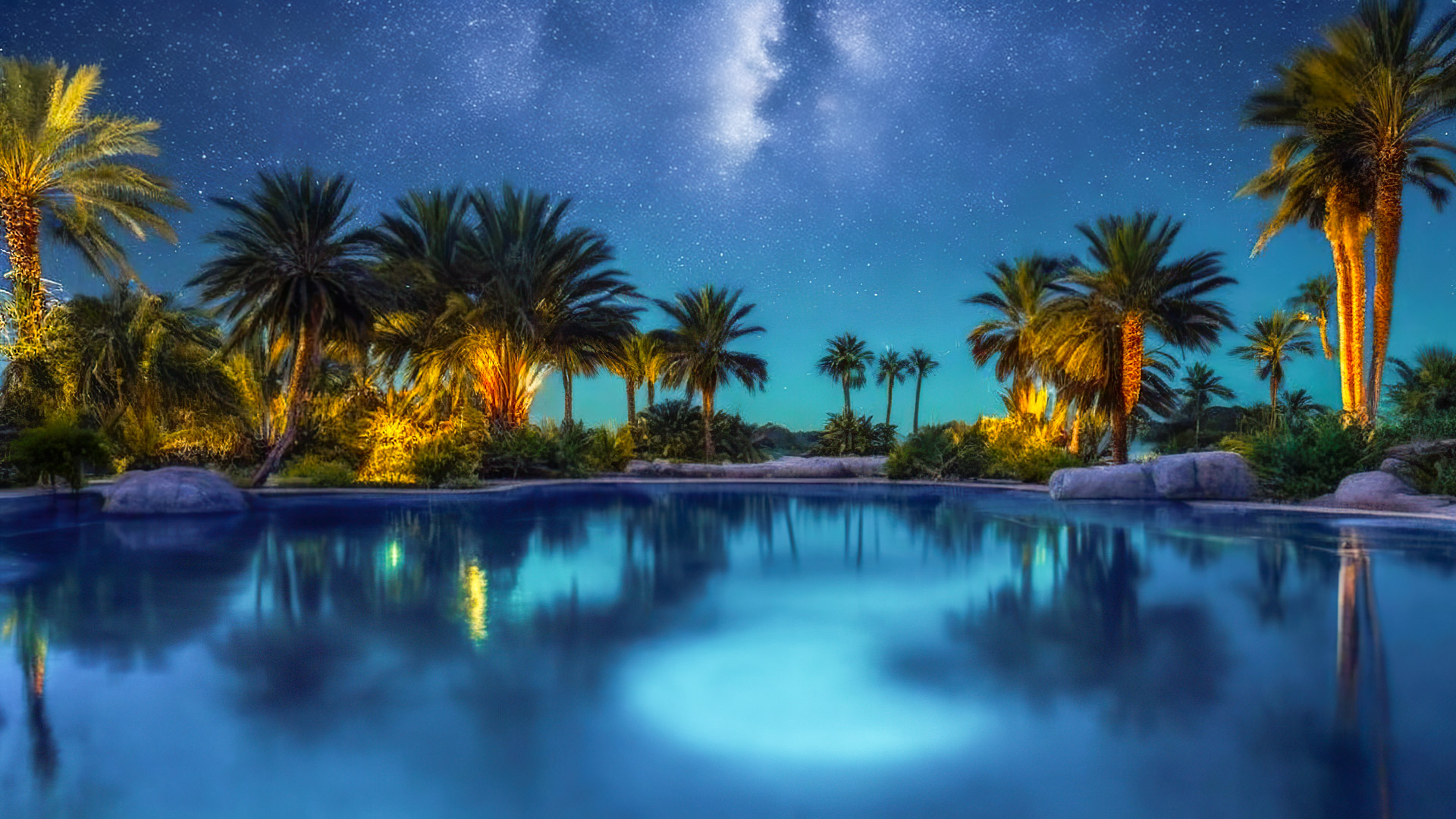Get lost in the serenity of our high-resolution nature wallpaper in 1080p HD, capturing a desert oasis under the Milky Way, where palm trees surround a serene, starry pool.