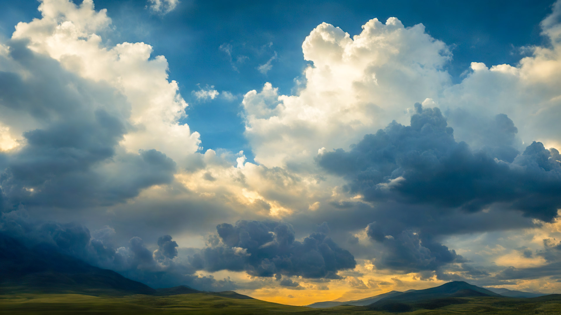 Download the majesty of our free desktop wallpaper of nature, capturing a dramatic sky filled with towering, cumulonimbus clouds casting shadows over a sunlit valley.