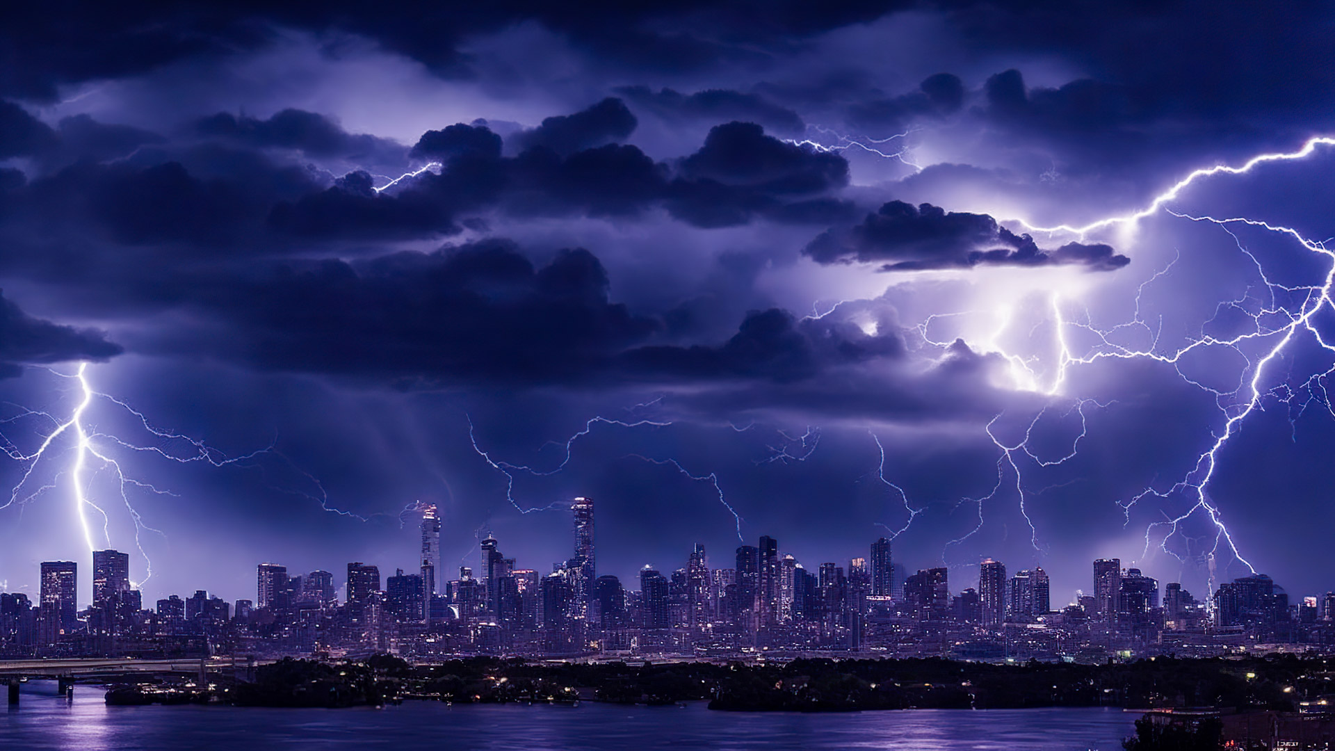 Experience the drama of our HD nature wallpapers in 1080p, featuring an epic thunderstorm brewing over a city skyline, with lightning bolts illuminating the dark clouds.