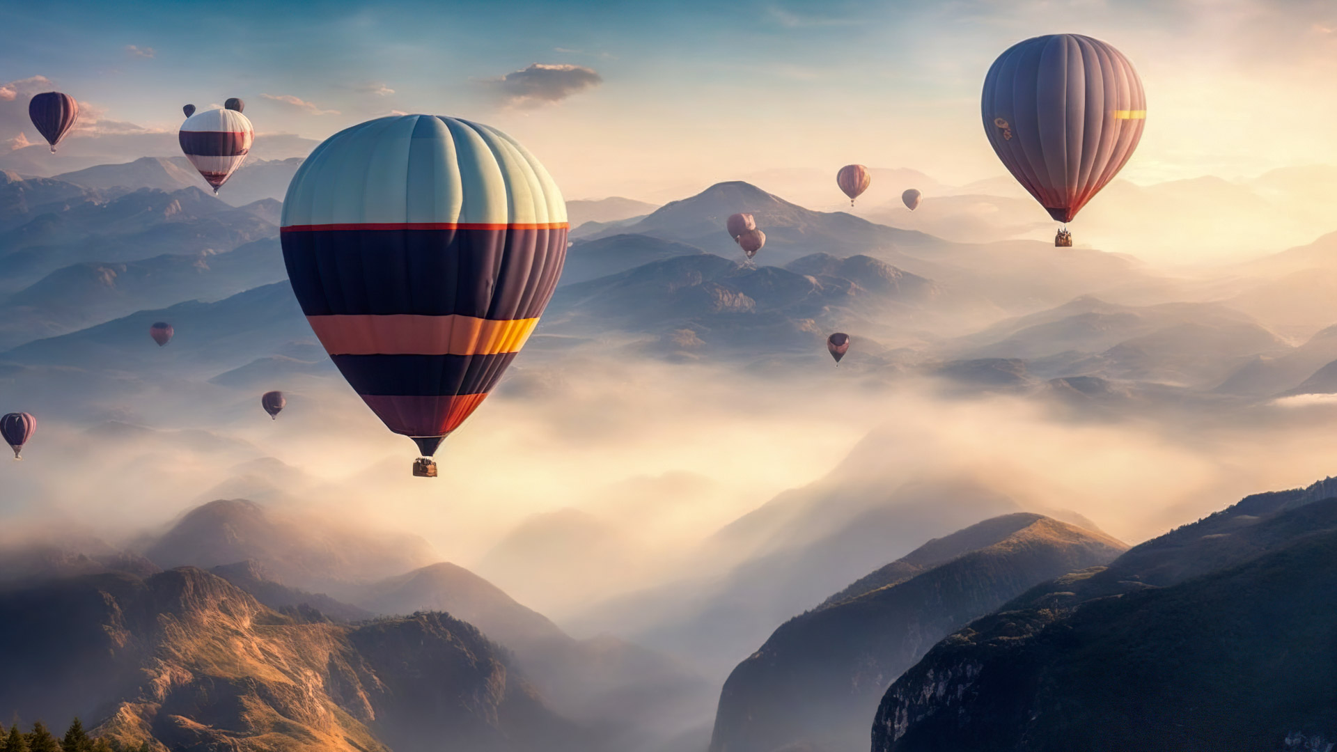 Vivez le surréalisme avec notre fond d'écran de montagne, présentant un ciel rempli de montgolfières flottant paisiblement au-dessus d'un paysage montagneux brumeux.