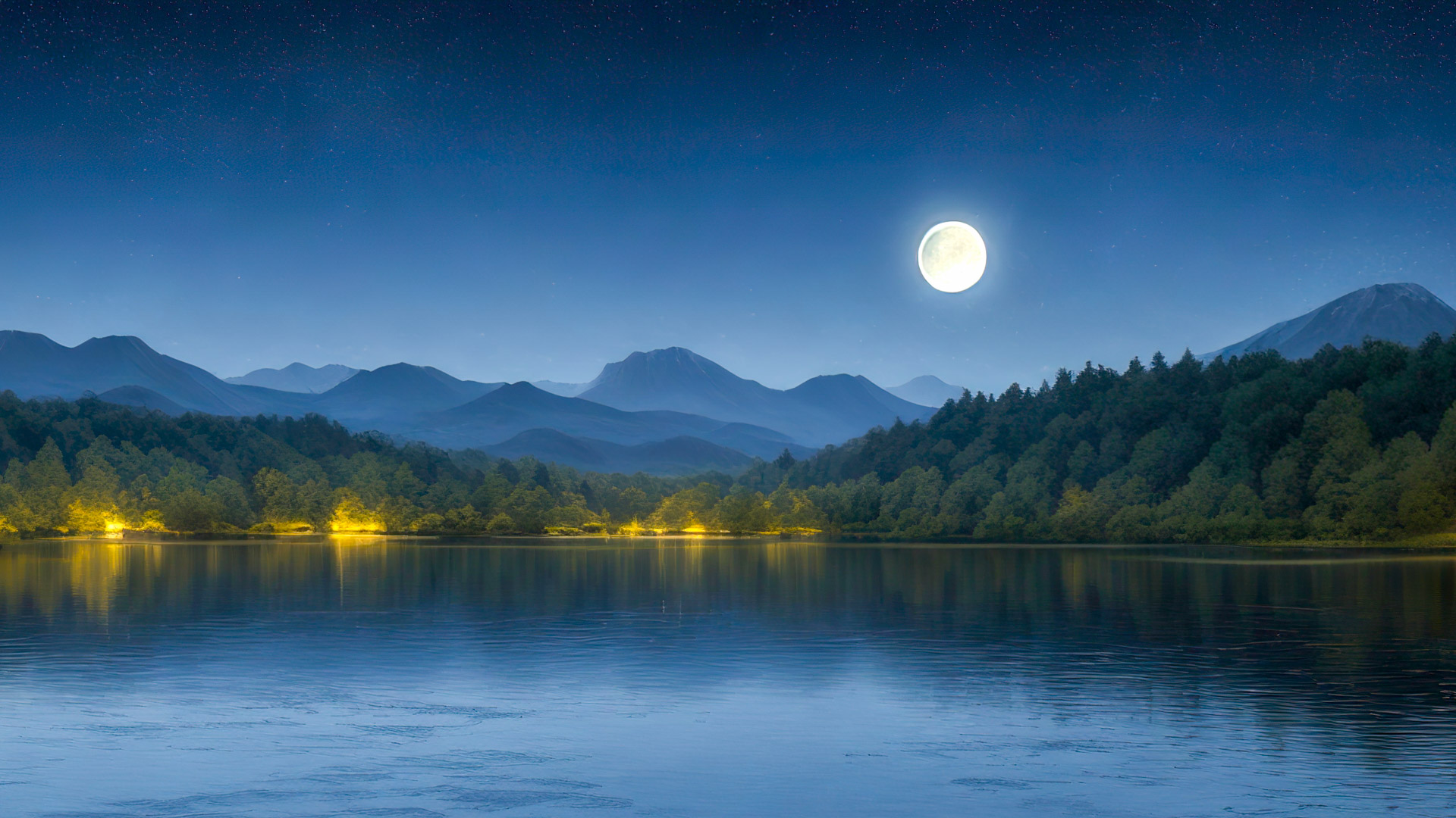 Transformez l'écran de votre PC avec notre fond d'écran de paysage en 1920x1080 HD, mettant en scène une scène paisible et sereine au bord d'un lac sous un ciel étoilé, avec une pleine lune se reflétant à la surface de l'eau.