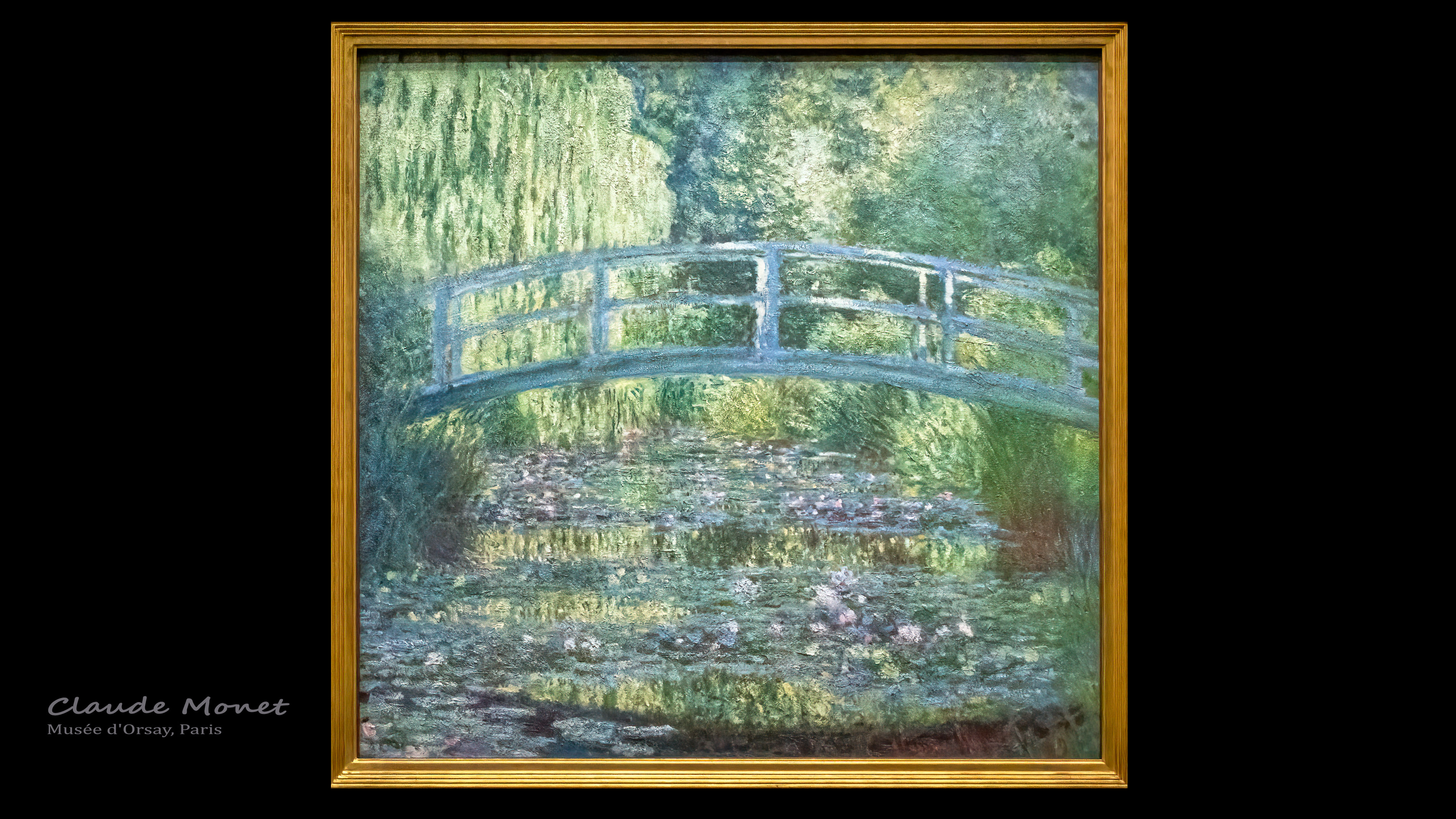 Immerse yourself in the exquisite and serene world of ‘Water Lilies and Japanese Bridge’ Claude Monet painting wallpaper, featuring the beautiful and tranquil view of the pond and the bridge in his garden at Giverny.