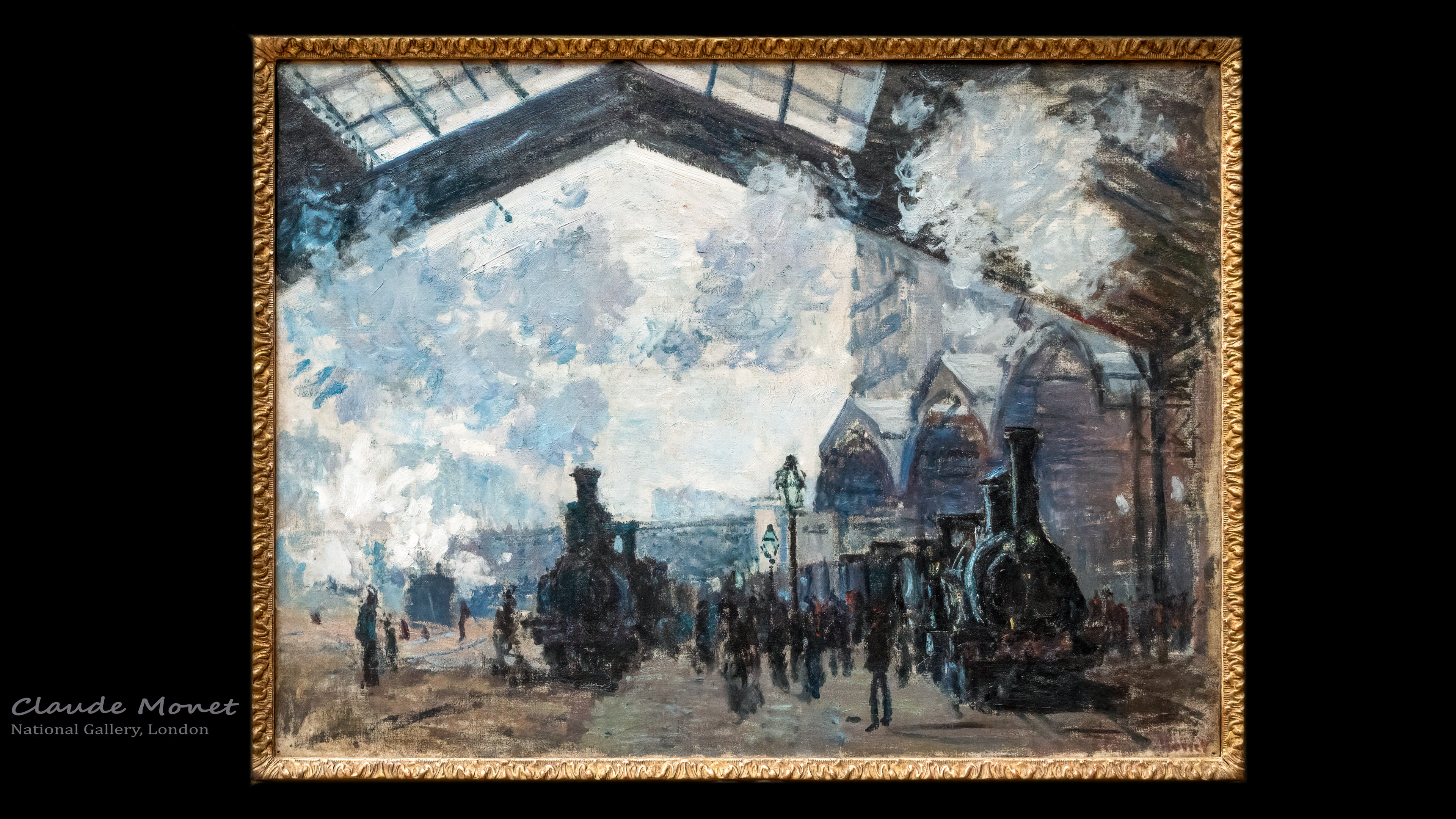 Discover the grandeur and dynamism of ‘La Gare Saint-Lazare’ Claude Monet PC painting wallpaper, featuring the impressive and atmospheric view of the train station and its surroundings in Paris.