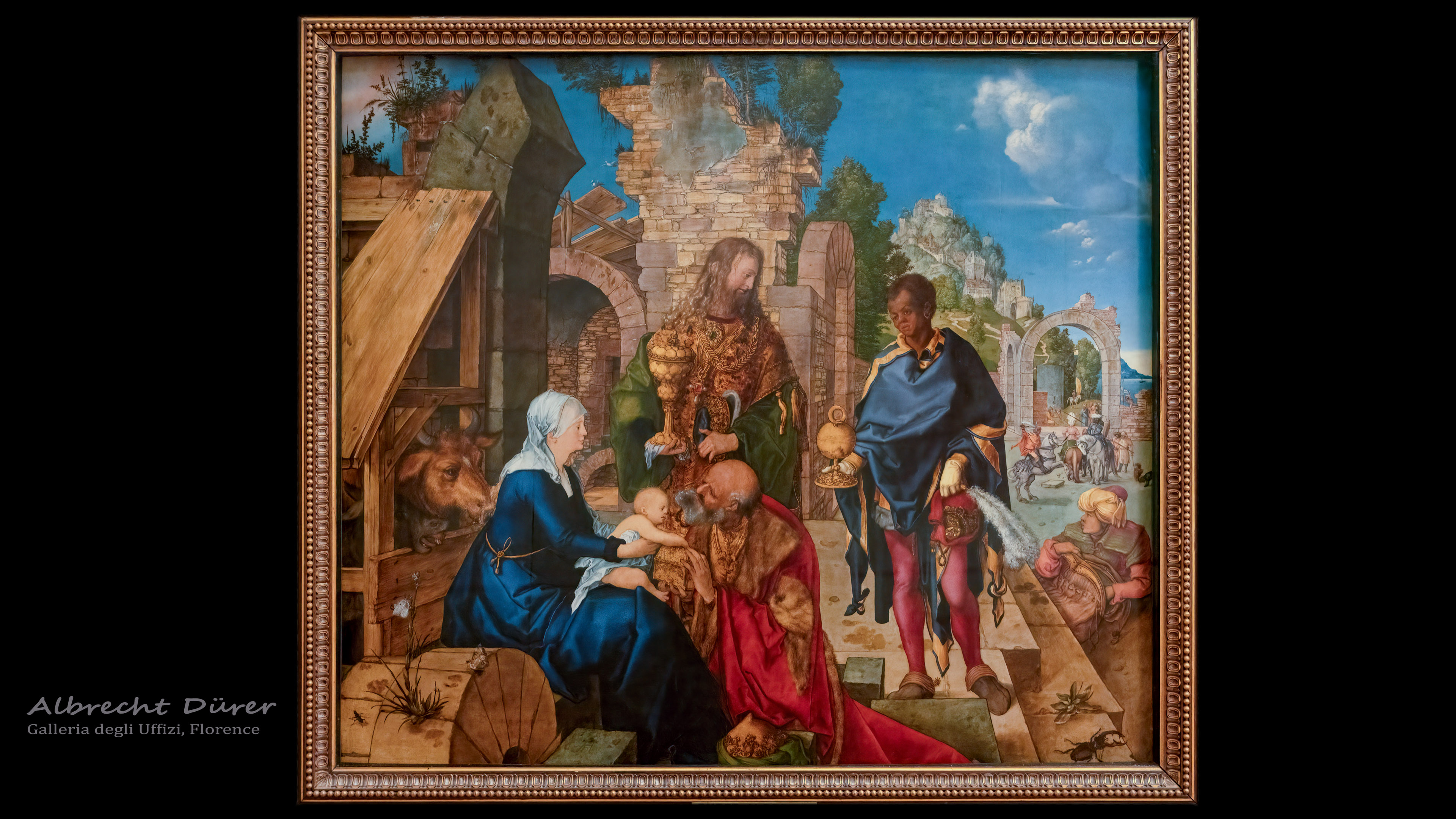 Experience the realism and richness of the German Renaissance genius with 'Adoration of the Magi' by Durer wallpaper, featuring his exquisite and intricate painting of the biblical scene.