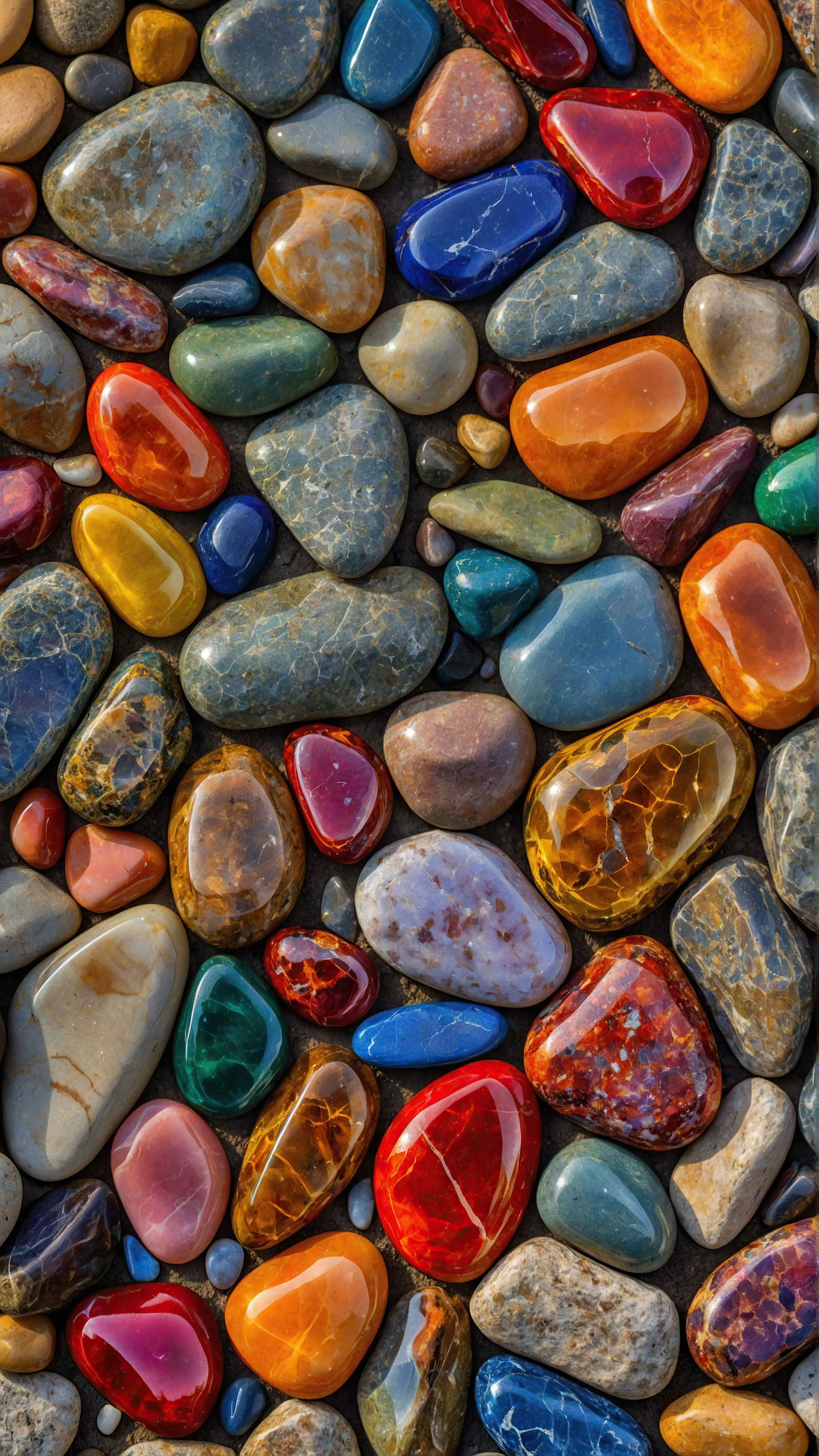 Vivez la vibrance de notre fond d'écran esthétique 4K pour iPhone, présentant une scène colorée de diverses pierres lisses et polies sur une plage au coucher du soleil. 
