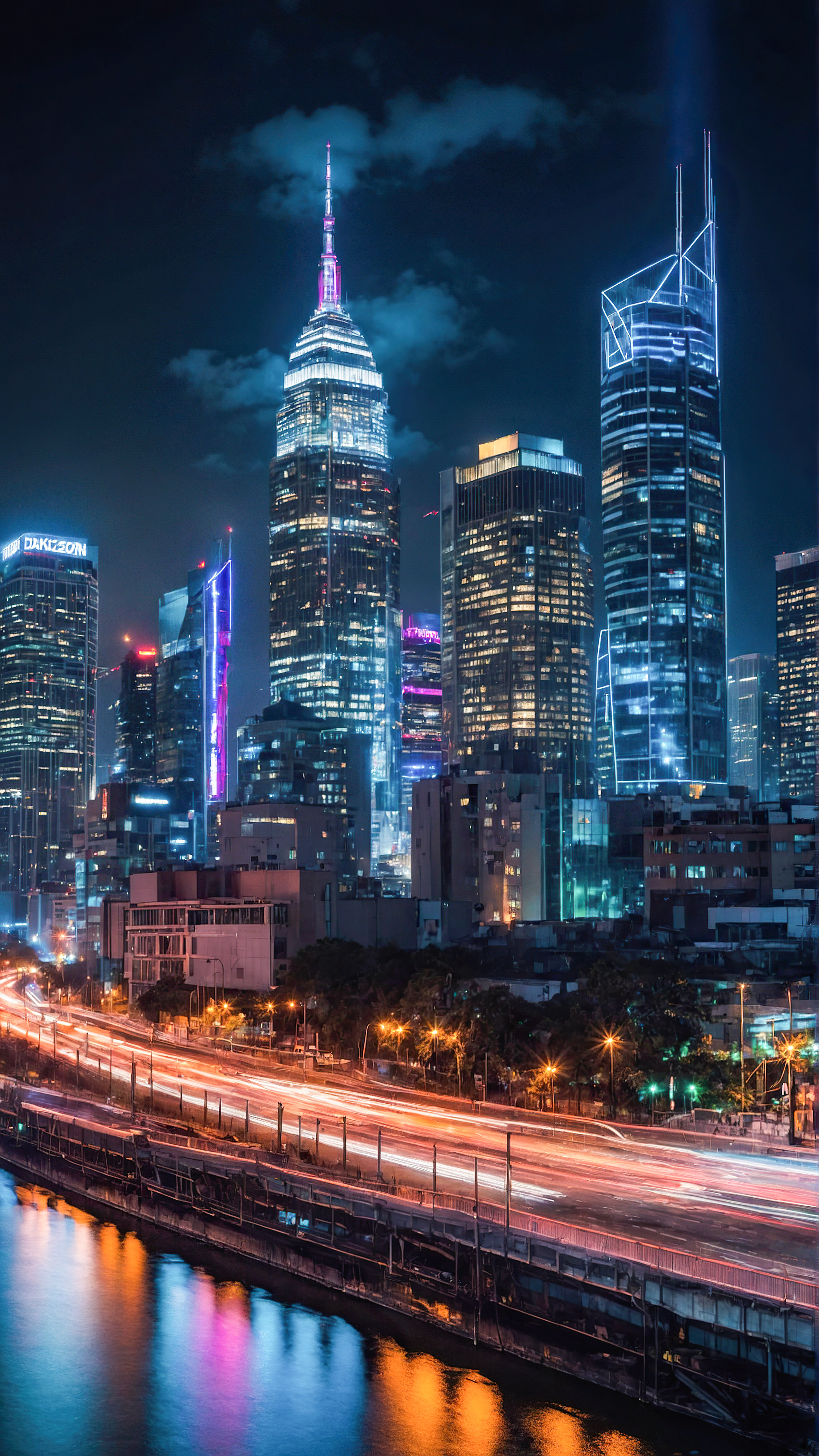 Perdez-vous dans la magie de notre arrière-plan 4K pour iPhone, capturant une ville animée la nuit où les lumières néon brillantes des gratte-ciel imposants projettent des reflets colorés sur les rues mouillées de la ville ci-dessous.