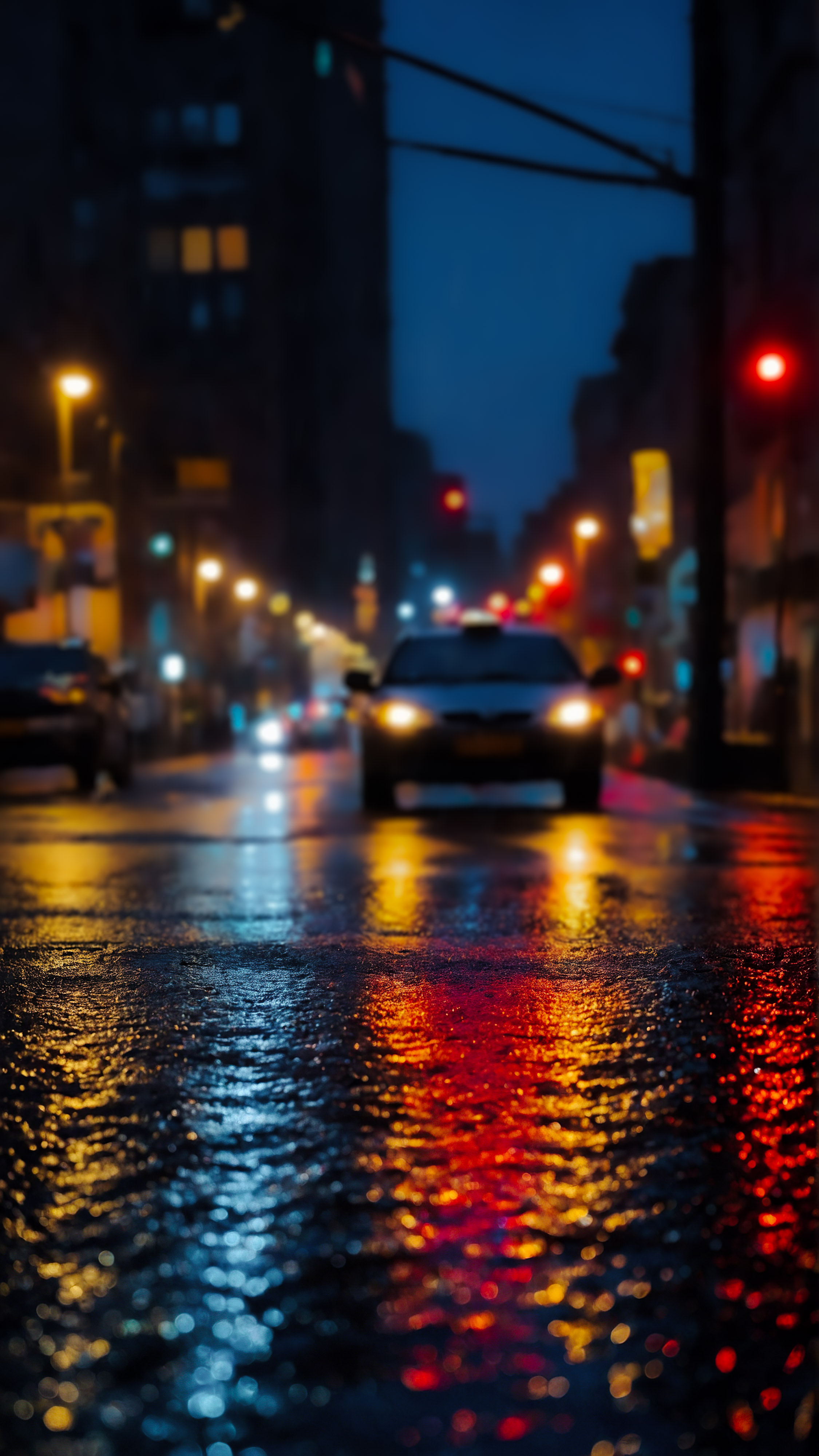 Transformez l'apparence de votre appareil avec notre fond d'écran de ville 4K pour iPhone, capturant une scène nocturne où une rue mouillée prend vie avec la lueur colorée des lampadaires et des feux de circulation, leurs reflets rouges et bleus créant un contraste frappant sur la surface de la route scintillante. 