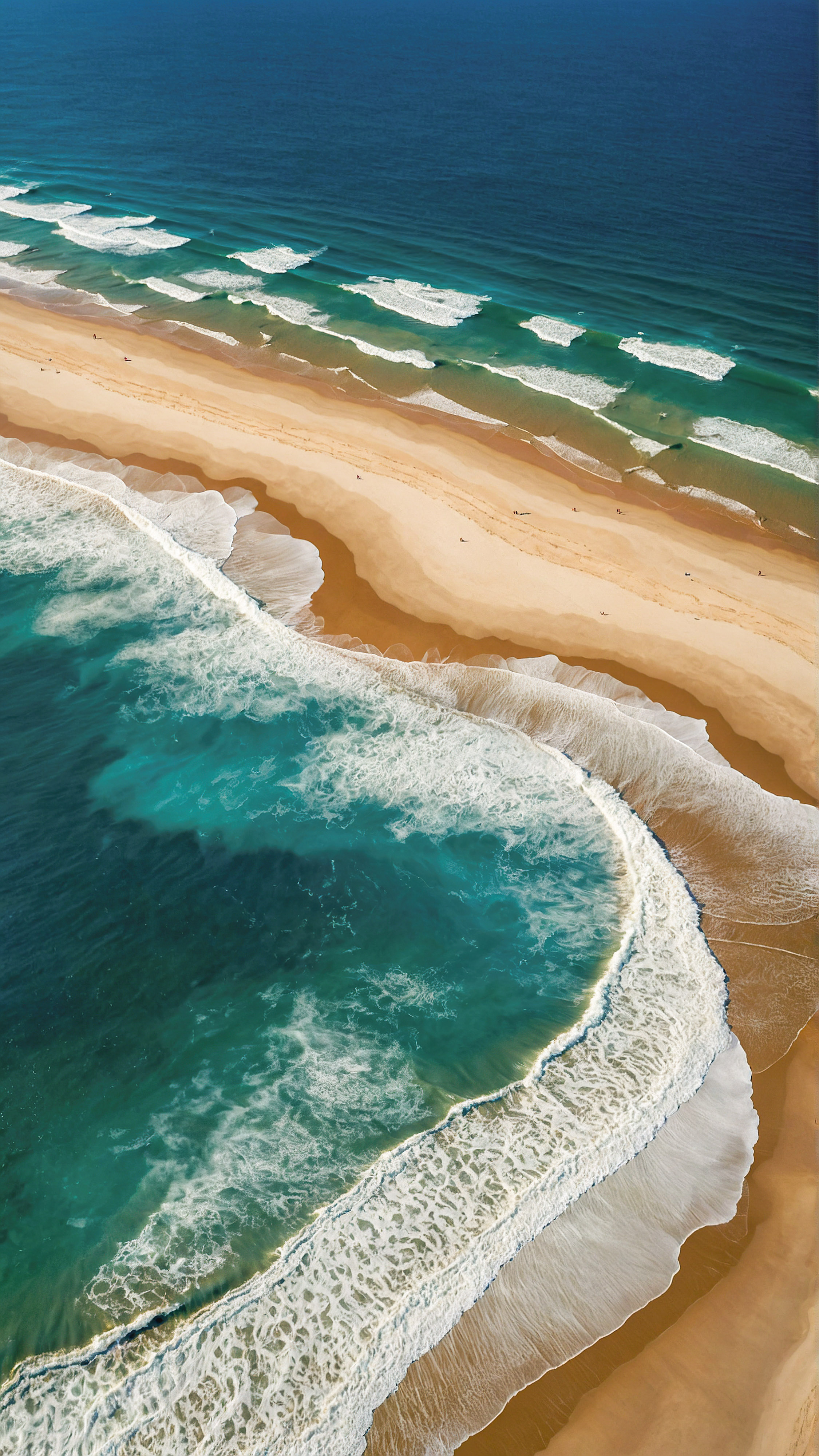 Experience the stunning aerial view of our 4K Ultra HD wallpaper for iPhone, showcasing a beach with a deep blue ocean, its lighter shades indicating the movement of white foamy waves meeting the light brown sandy shore.