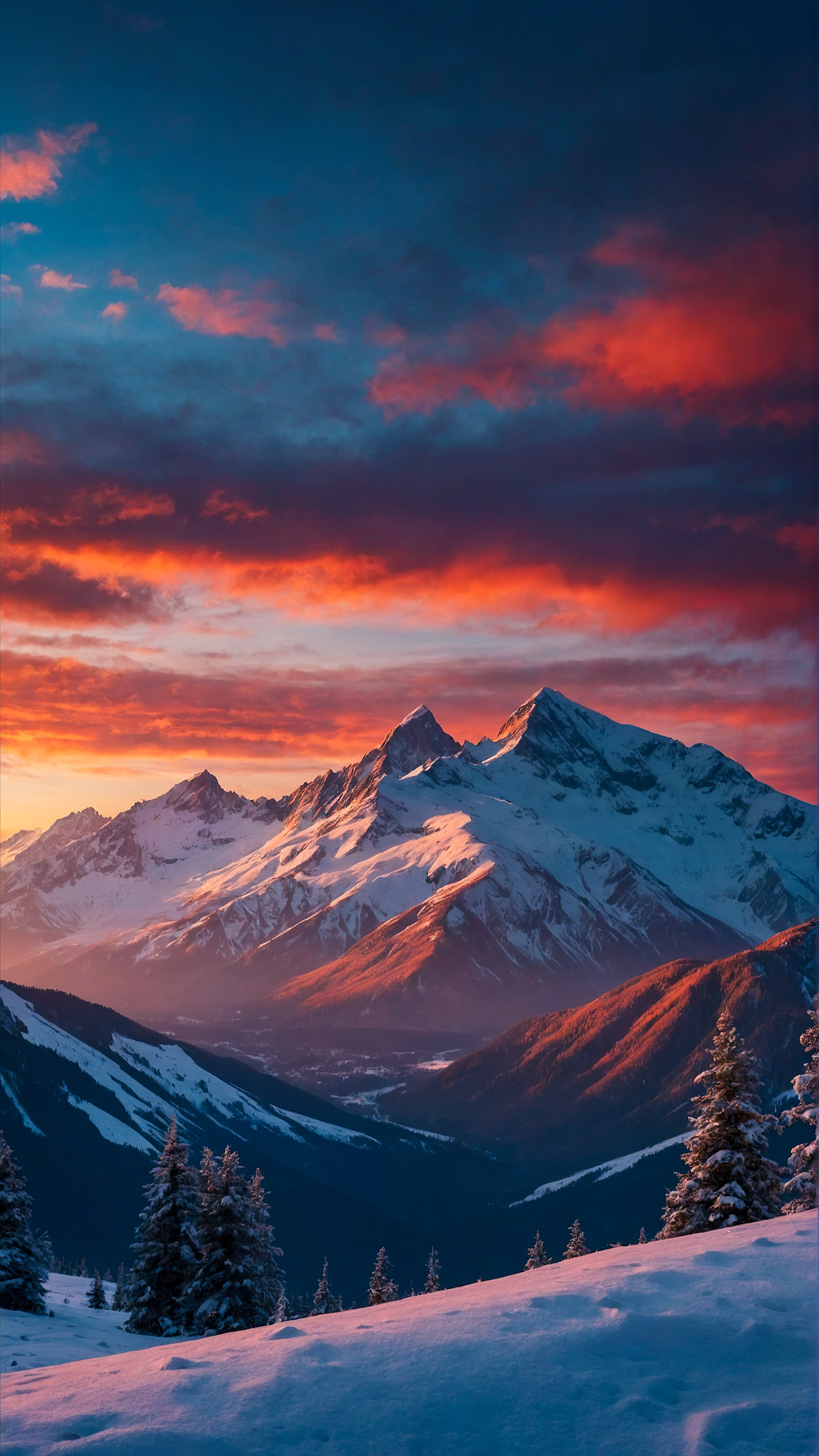 Capturez l'essence de la beauté naturelle avec notre fond d'écran nature 4K pour iPhone, offrant une vue à couper le souffle de montagnes couvertes de neige sous un ciel vibrant et coloré au crépuscule.