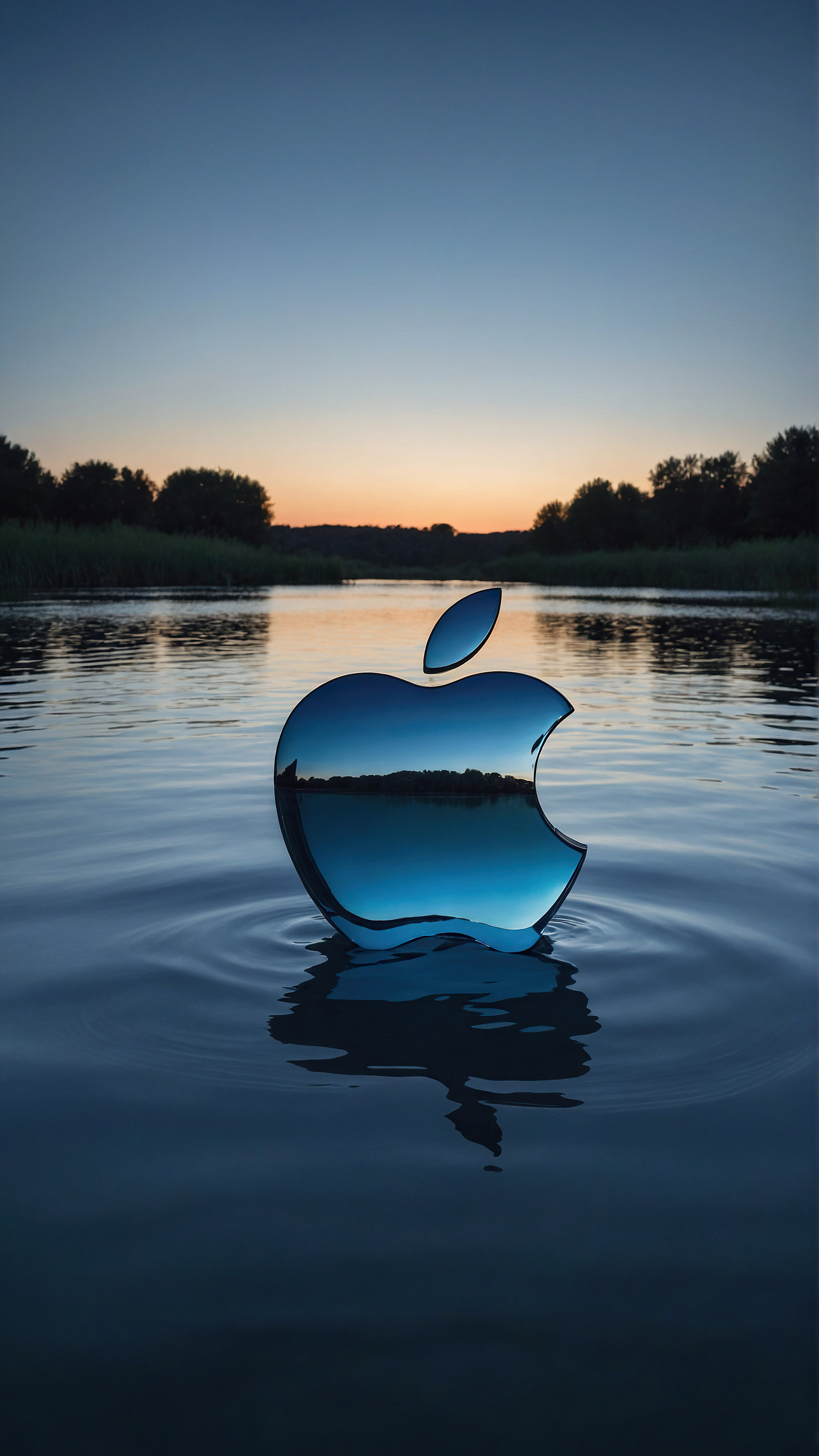 Adorn your screen with wallpaper in 4K for iPhone, showcasing a serene landscape at dawn, with tranquil waters reflecting the soft hues of the sky and a glowing iconic Apple logo appearing to float above the water’s surface.